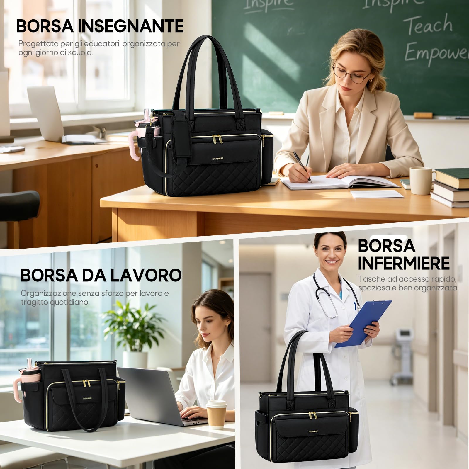 RAINSMORE Borsa da Lavoro Donna Porta PC 15.6 Pollici Grande Multitasche | Borsa Insegnante con Tasca Termica e Portaborraccia, Ideale per Scuola, Ufficio e Infermiere, Nero