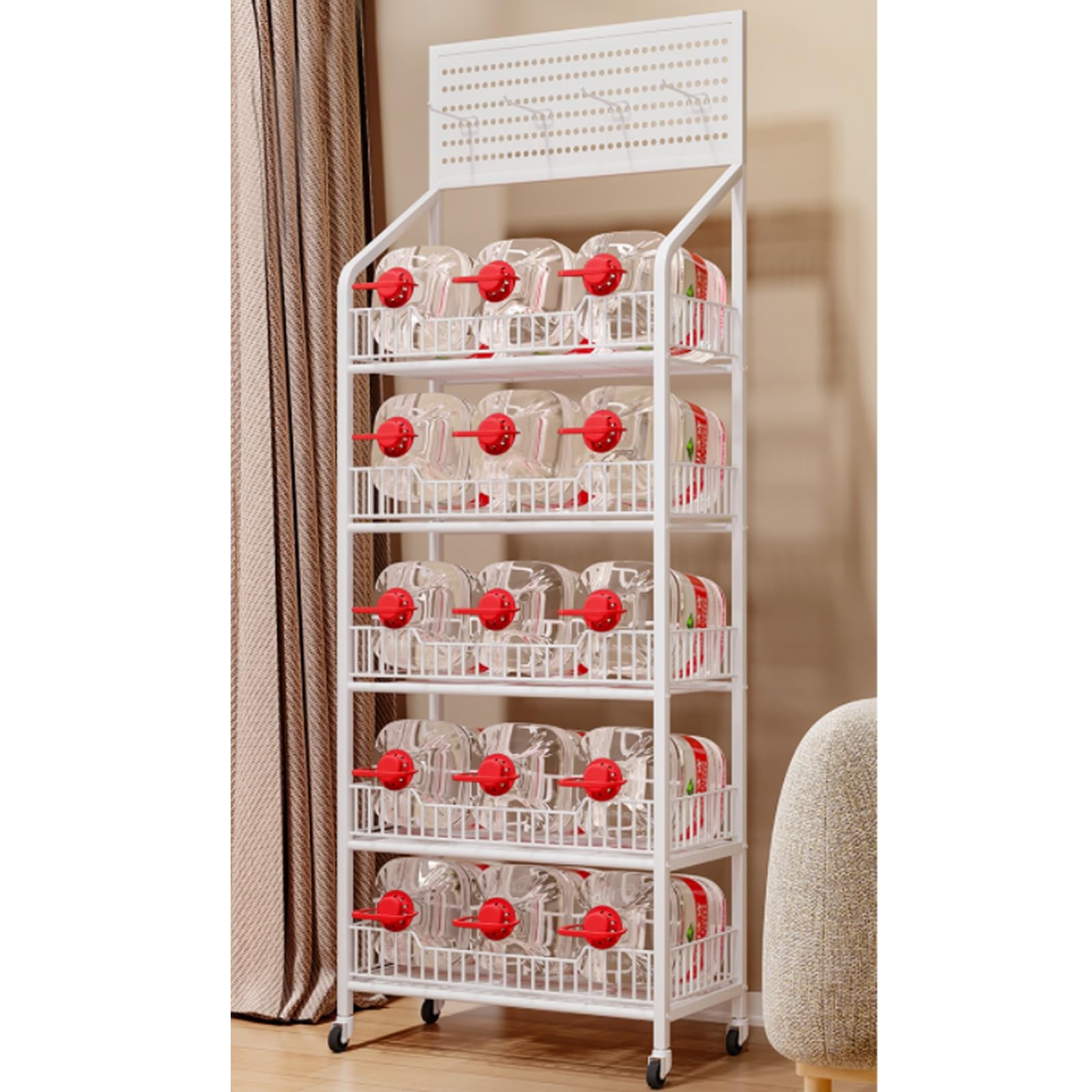 Verkaufsregal, 5-stöckiges Metall-Drahtregal mit Rollen, Verkaufsständer/Snack- kaufsständer/Snack- und Süßwaren-Display-Organizer, Korbwagen (Farbe: 5-stöckig, Weiß, Größe: 60 x 27 x 10 cm)