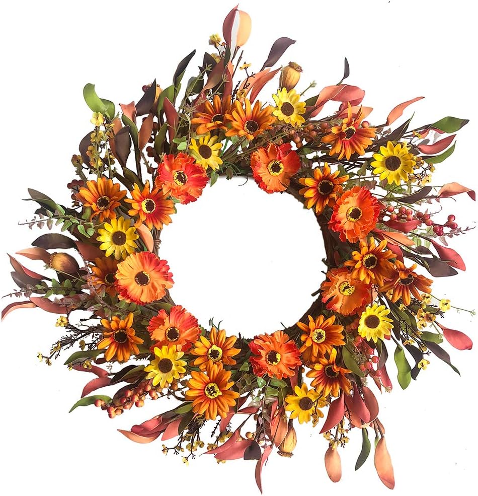 J'FLORU Artificial Fall Wreath 20 Inch Autumn Wreath for Front Door Thanksgiving Wreaths with Colorful Daisies for Wall Window Harvest Festival Celebration