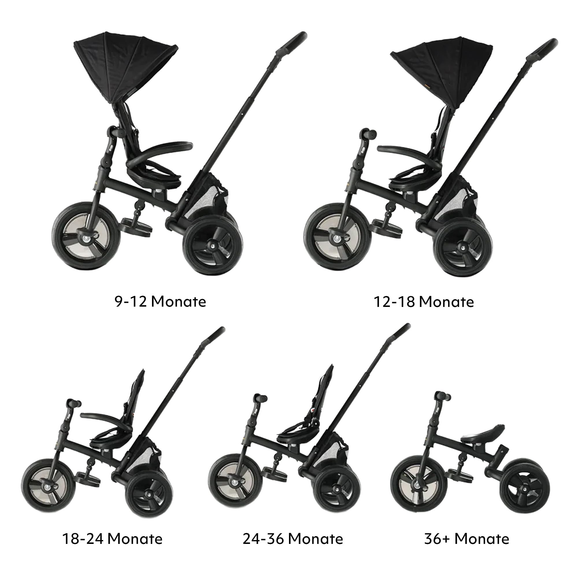 Deryan Explorer Dreirad ab 9 Monate bis 25 kg - Kinderdreirad mit schubstange - Kompakte zusammenklappen - drehbarer Sitz Vorwärts und Rückwärtsfahrt - ausklappbarem Verdeck mit sonnenschutz - Schwarz