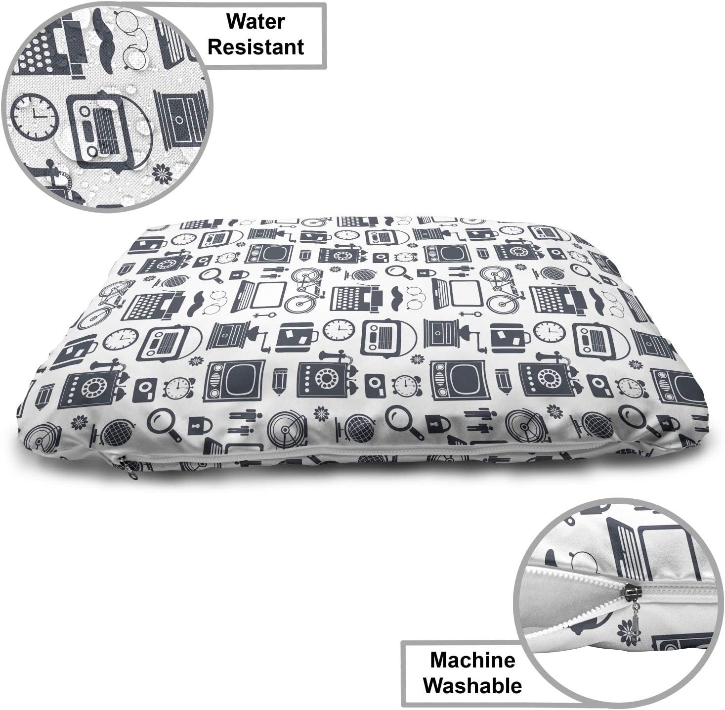 review Lunarable Vintage Pet Bed, Silhouettes of Old TV Radio Bicycle Telephone Nostalgic Details, Chew Resistant Pad for Dogs and Cats Cushion with Removable Cover, 24