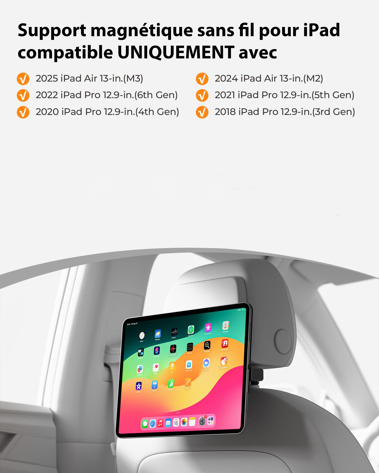 KU XIU Chargement sans Fil Magnétique Support Tablette Appui-tête pour iPad Pro 12.9/Air 13 M2/M3, Support Tablette Long Bras pour Siège Arrière Enfants, pour iPad Pro 12.9'' 3rd/4th/5th/6th