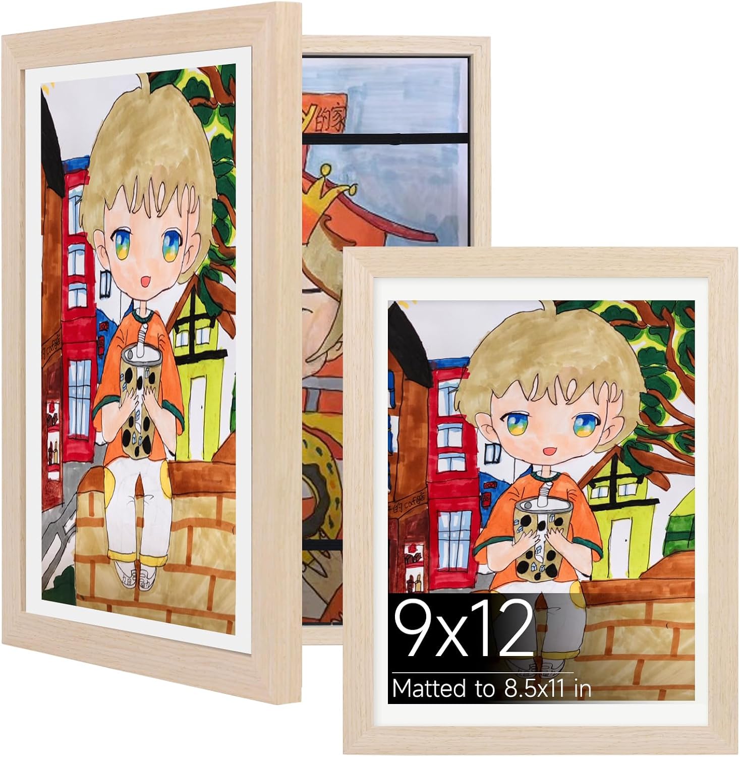 9x12 Kids Art Frame Pack of 2, Natural Solid Wood Artwork Frames Changeable, Front-Opening Picture Frame Hold up to 150 Paintings for Kids Drawings, Artworks, Children Art Projects, Schoolwork, Home or Office - Amazon product rated Grade B