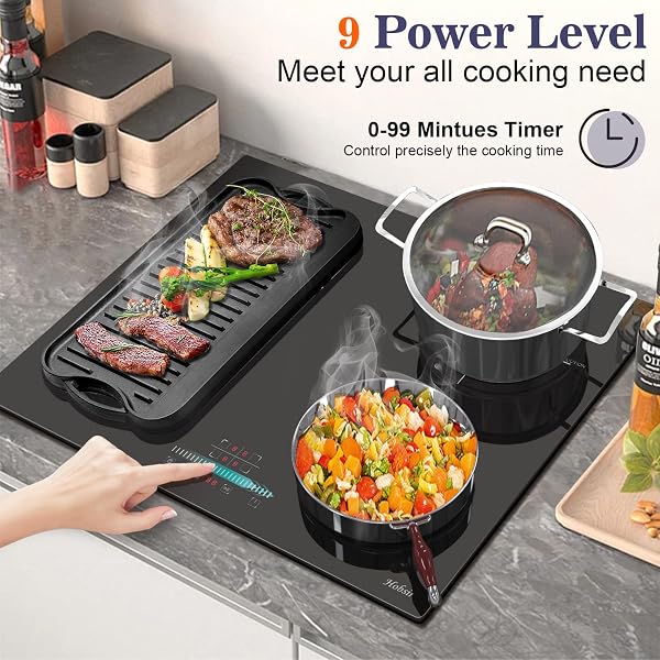 Hobsir hob Plug in Induction Hob 4 Zones Plug in Electric Hob 60cm with Flexible Zone for Griddle Plate, Bulit-in, 2800W, Slider Touch, Timer, Child-safety Lock, Pause Function,13 Amp - 4