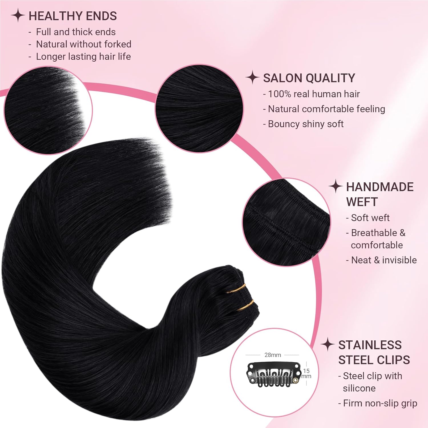 MAXITA Clip in Hair Extensions Real Human Hair,Remy Hair Extensions Clip ins Double Weft for Women,Natural Real Human Hair,22Inch 120g 7Pcs,Jet Black