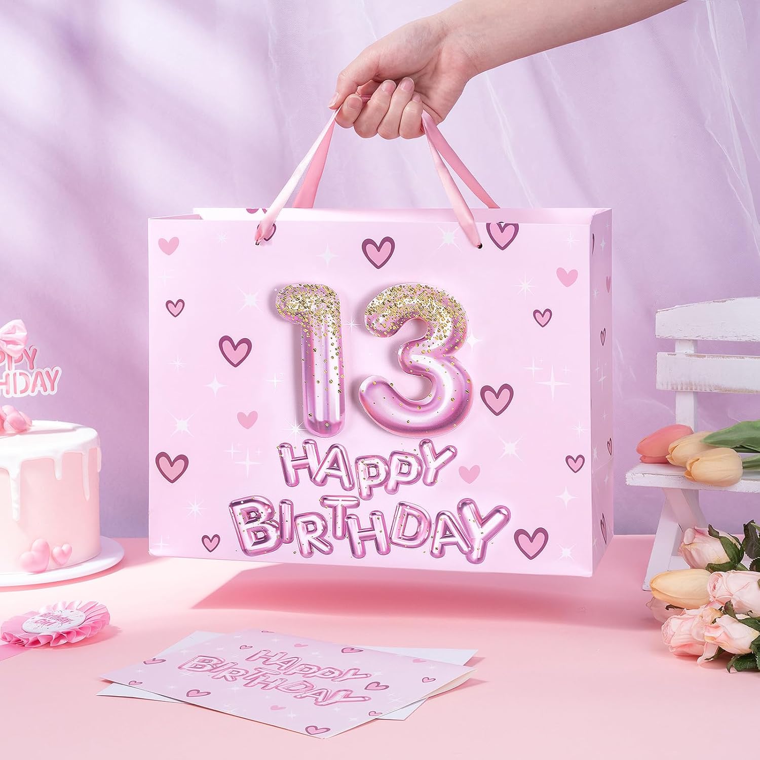 Loveinside 13th Birthday Gift Bag for Girls, Pink 3D Number 13 Balloons and Hearts Design, Medium Size Bag with Tissue Paper, Tag, Greeting Card, Ideal for Birthday Celebration, 10" x 5" x 13", 1 Pcs - Image 4
