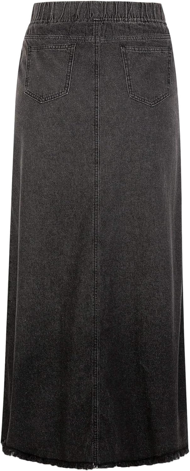 utcoco Women's Maxi Denim Skirt Retro Elastic High Waist A-Line Frayed Hem Hippie Long Jean Skirts - Image 3