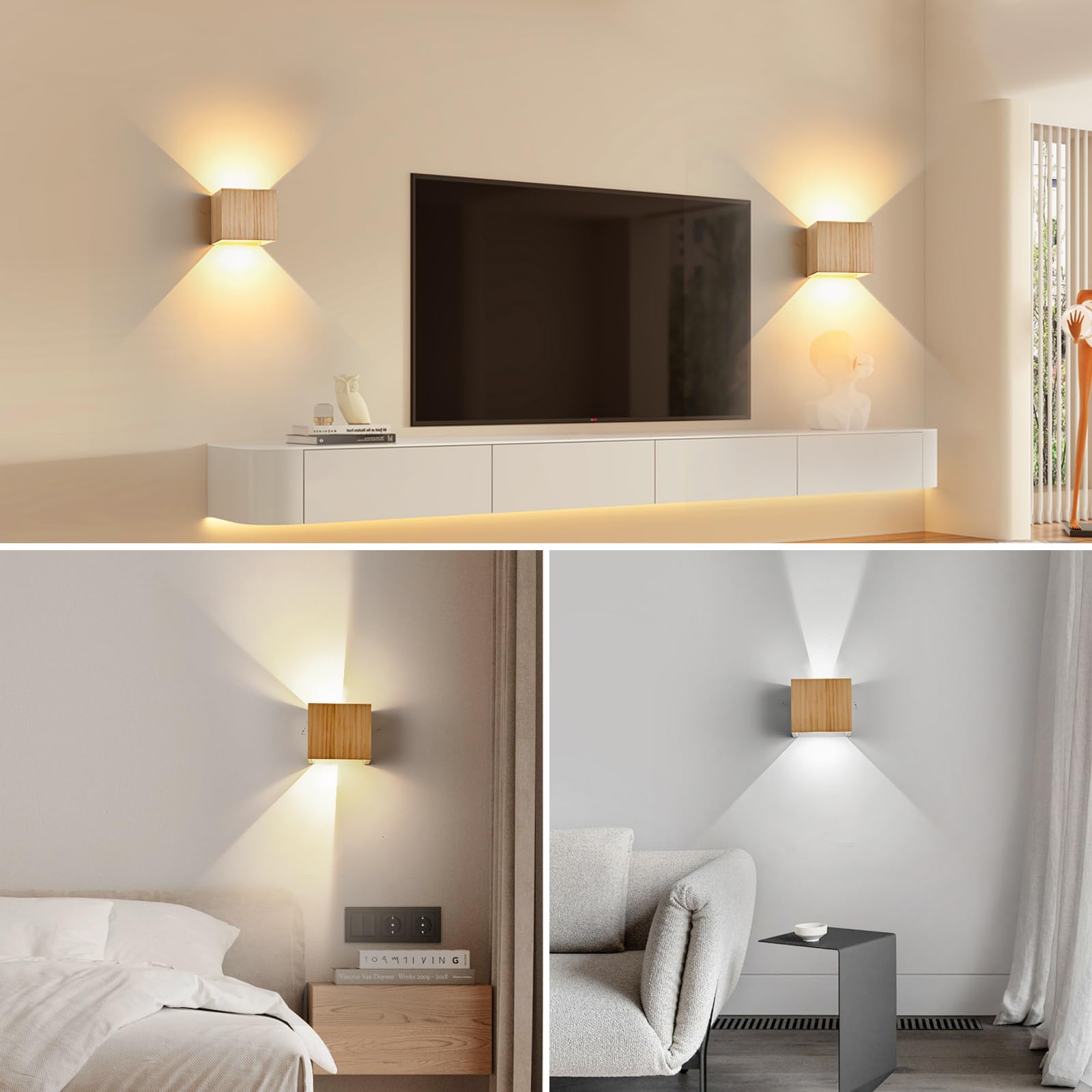 LED Wandleuchte Innen Holz Wandlampe, Dimmbar Wandleuchte Holz Vintage 6W LED Wand 3000K/4000K/6000K Weiß Up Down Flurlampe Einstellbar Abstrahlwinkel Holzlampe für Wohnzimmer Flur, 2PCS