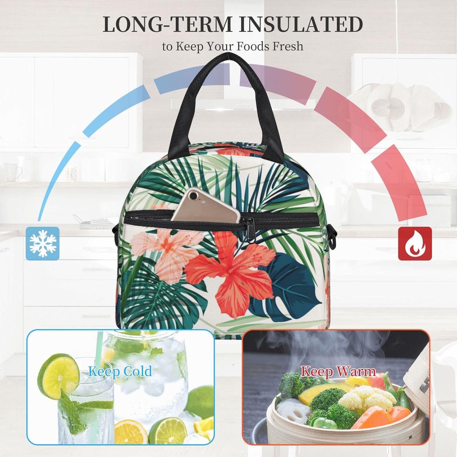 Vegetation Leaves with Hibiscus Flowers Print Reusable Lunch Bag Insulated Lunch Boxes for Office Work Picnic Tote Bag Adjustable