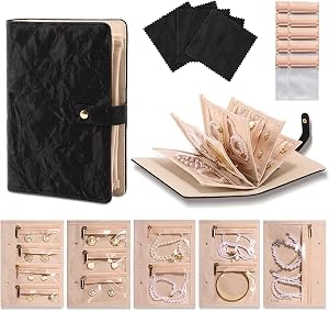 16 PCS Small Travel Jewelry Case Organizer Book Set, Portable PU Leather Binder with 10 PCS Anti-Tarnish Zipper Bags & 5 PCS Polishing Cloths for Women, Black
