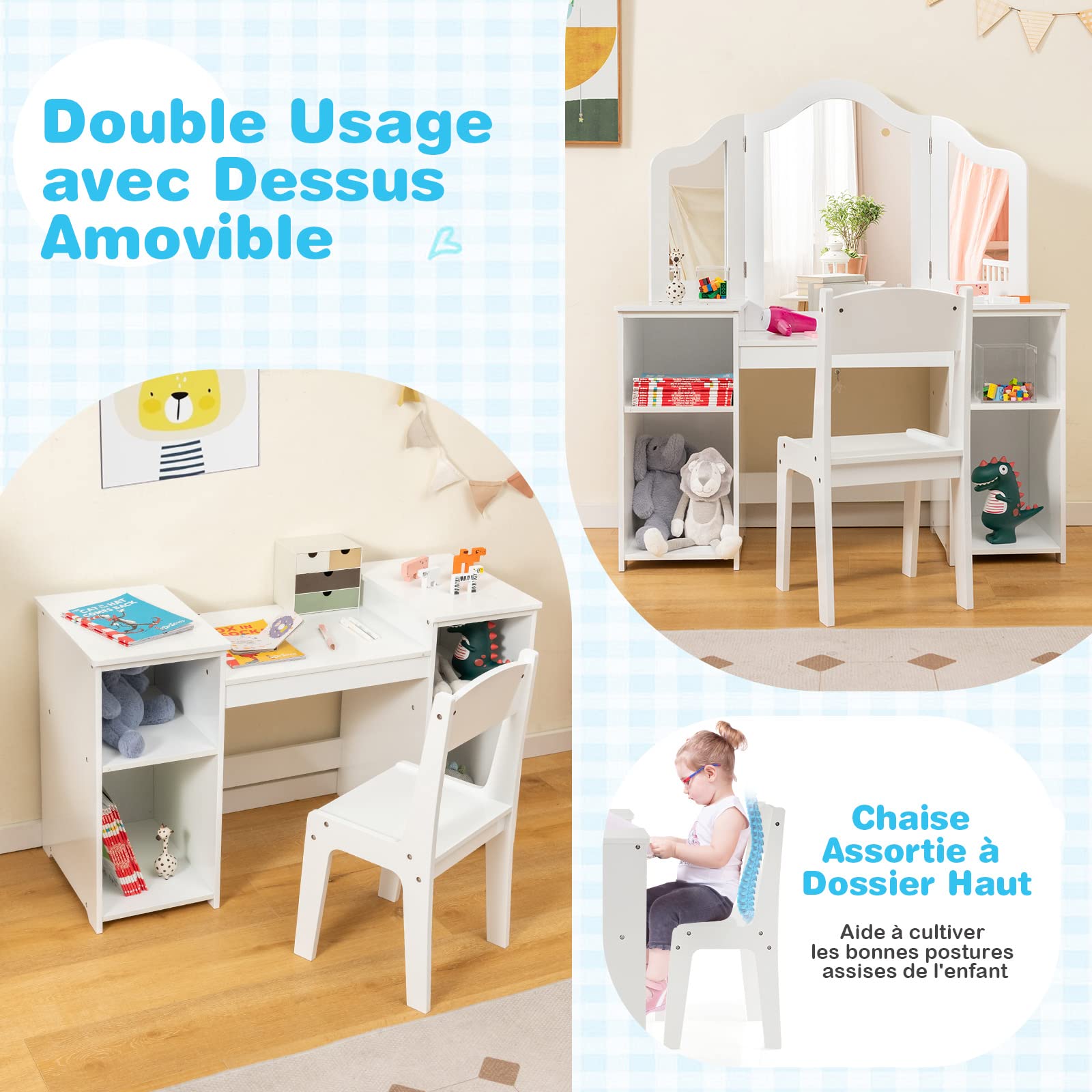 COSTWAY 2 en 1 Coiffeuse et Chaise Enfants avec Miroir Amovible à Trois Volets, Table de Maquillage Princesse avec 4 Compartiments de Stockage, 104x40x117cm pour Enfants de 3 Ans+…