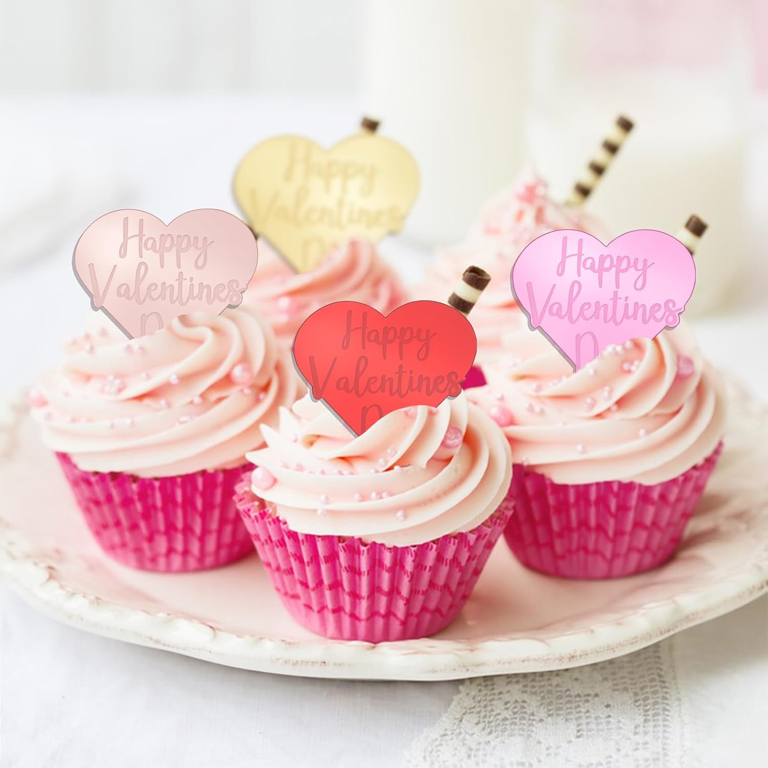 Valentine Colorful Cupcake Toppers,40Pcs Reflective Cake Dics Heart-Shaped Acrylic Cake Signs Mirror Cake Charms for Valentine's Day Gift Decor