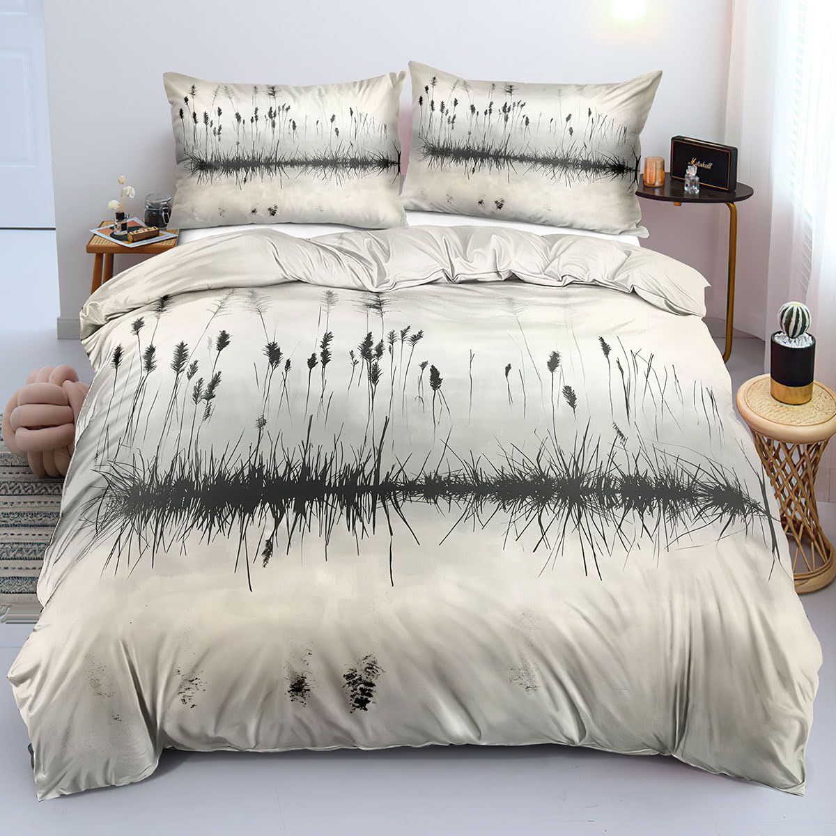 Housse de couette 140x200 anti glisse à zip motif botanique vert
