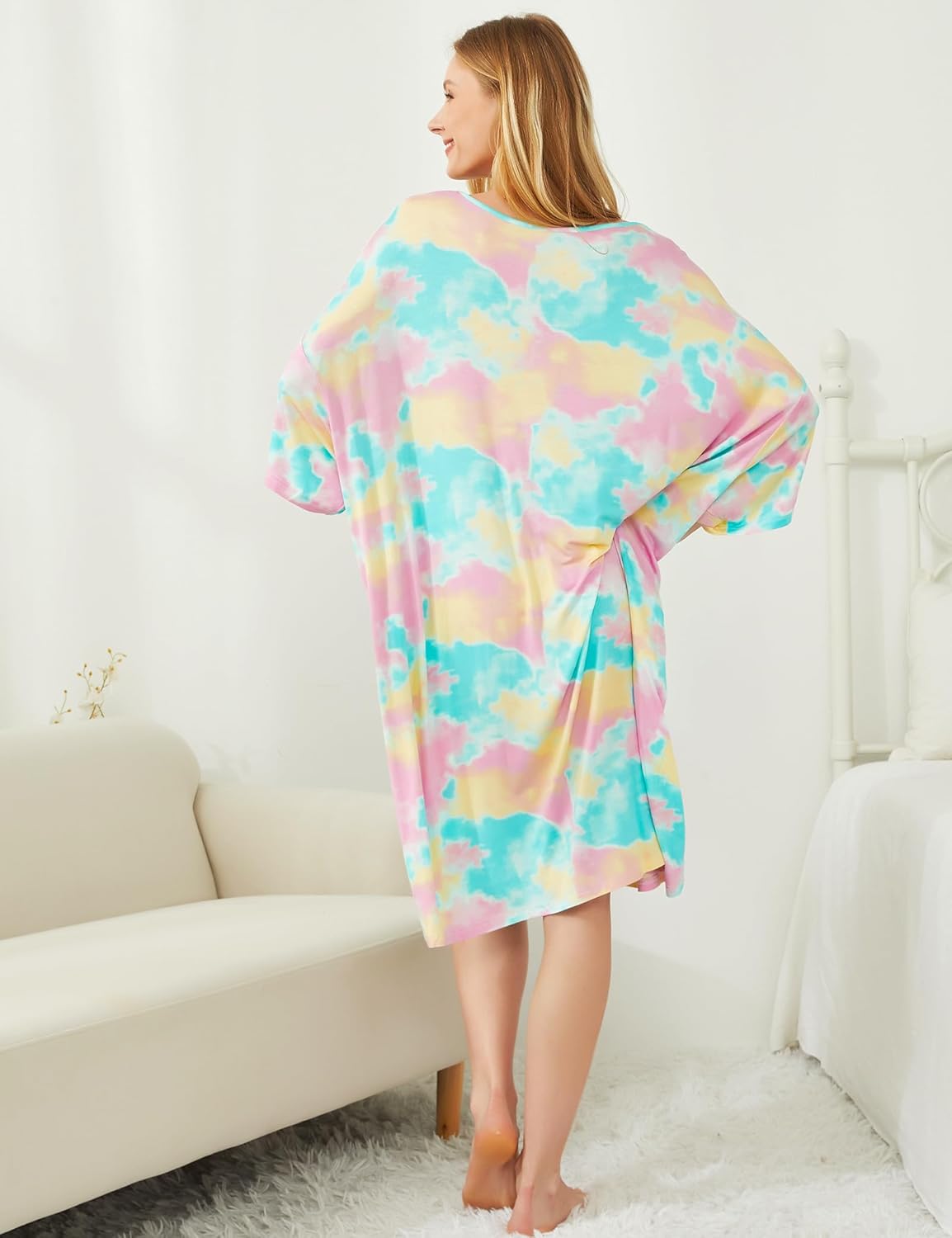 KFUBUO Plus Size Nightgowns for Women V-Neck Sleep Tshirts Dress Pjs Lounge Short Sleeves Sleepwear With Pocket Fit S-5XL - Image 2