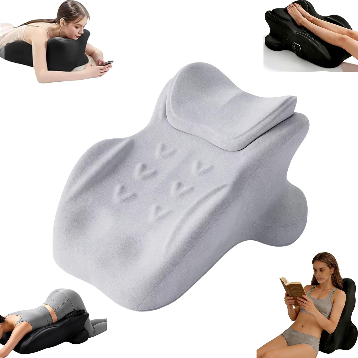 Memory Foam Couple Pillow for Intimacy, Ergonomic Lumbar and Neck Support Cushion, Shaped Low Profile Seat Pillow for Comfortable Reading Relaxing Watching (Gray)