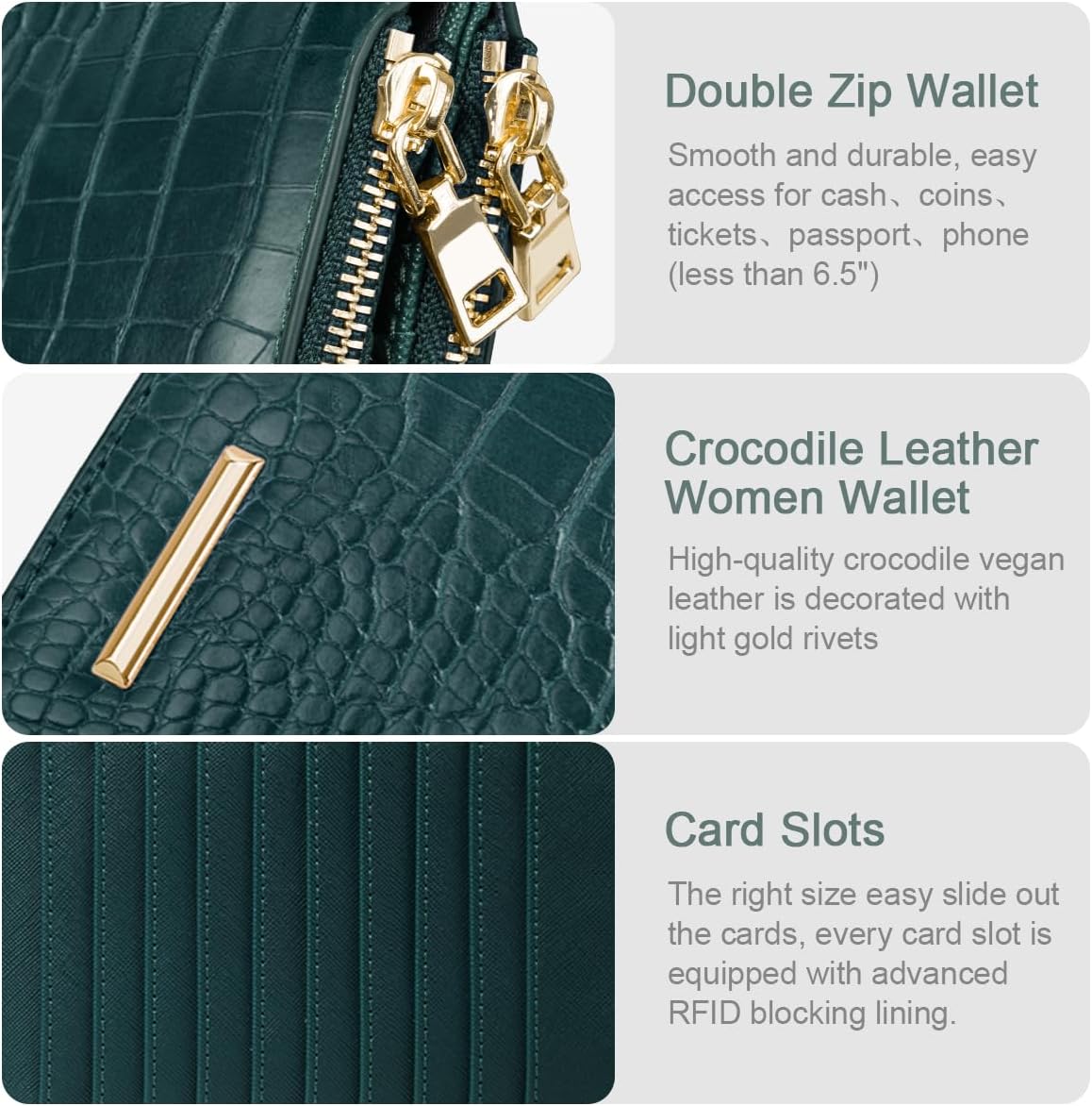 Women Wallet Large Capacity Wallets Crocodile RFID Blocking Multi Card Organizer Womens Billfold Long Purse Credit Cards Holder with Double Zipper,Pine Green - Image 6