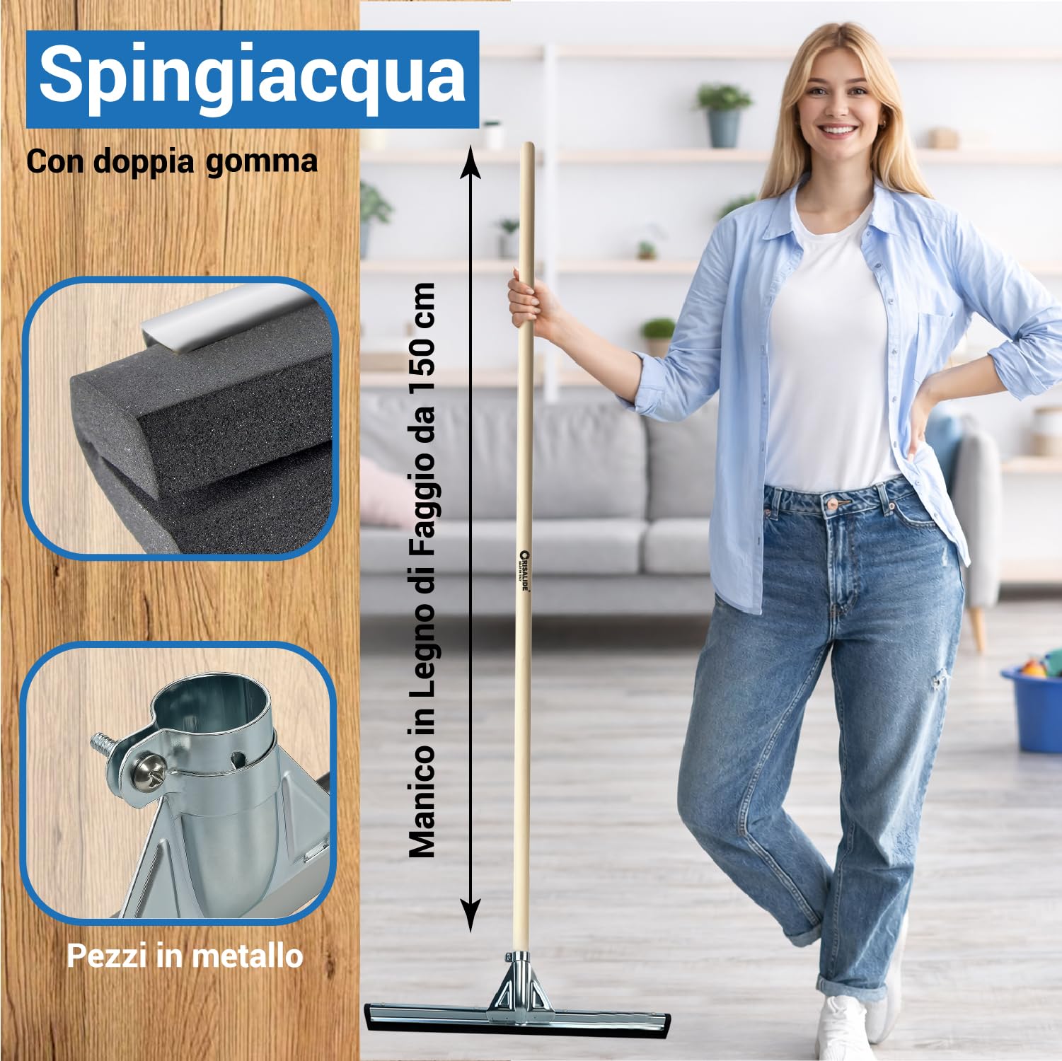 Crisalide® Tergipavimento Spingiacqua Professionale con Manico in Legno da 150 cm, Gomma Doppia, Asola in Metallo, 45/55/75 cm (LARGE 75cm)