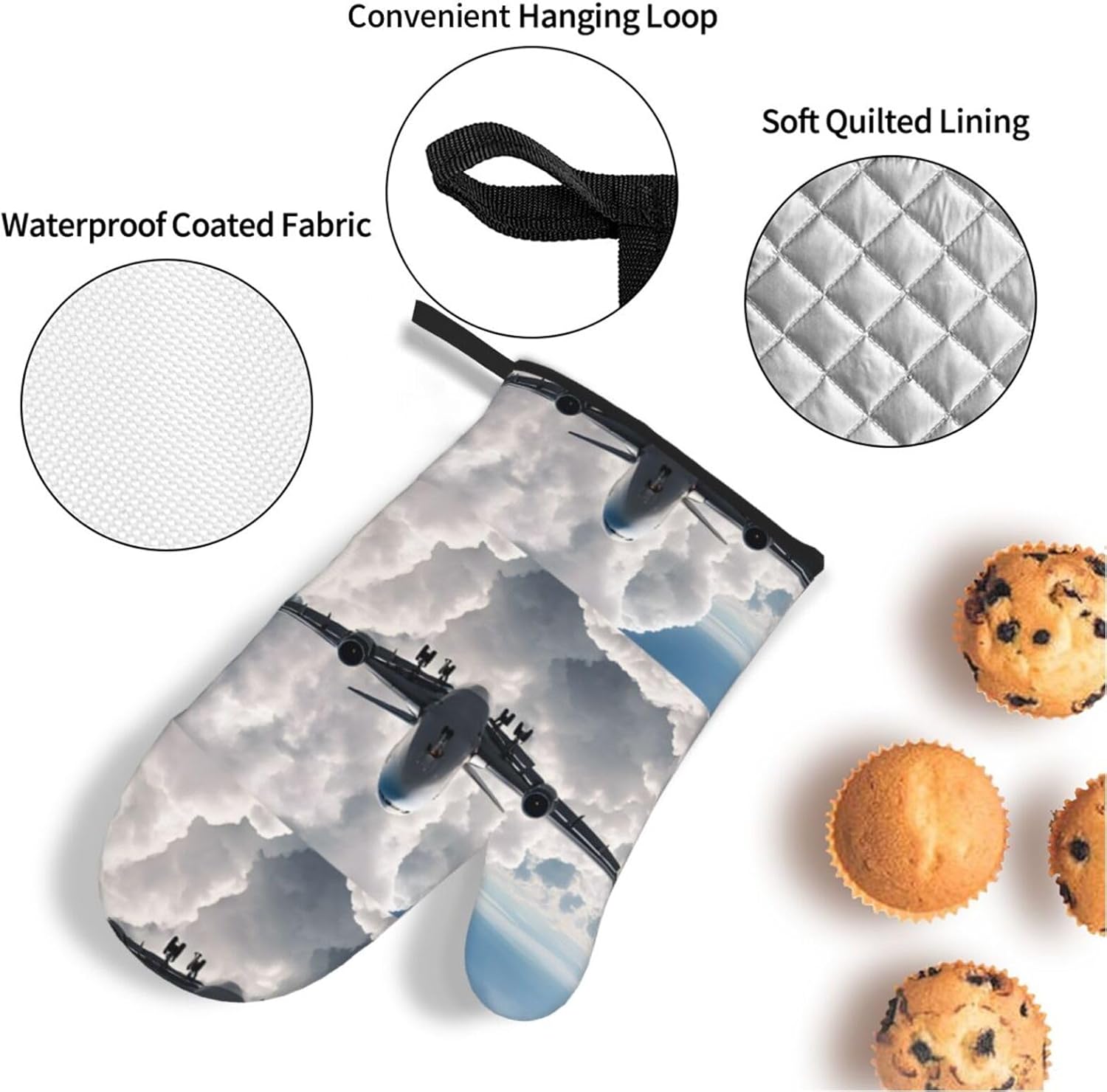 (Airplane Art) Baking 4-Piece Set: 2 Oven Mitts and 2 Pot Holders Heat Resistant Waterproof Hanging Loop for Kitchen Oven Grill Housewarming Gifts