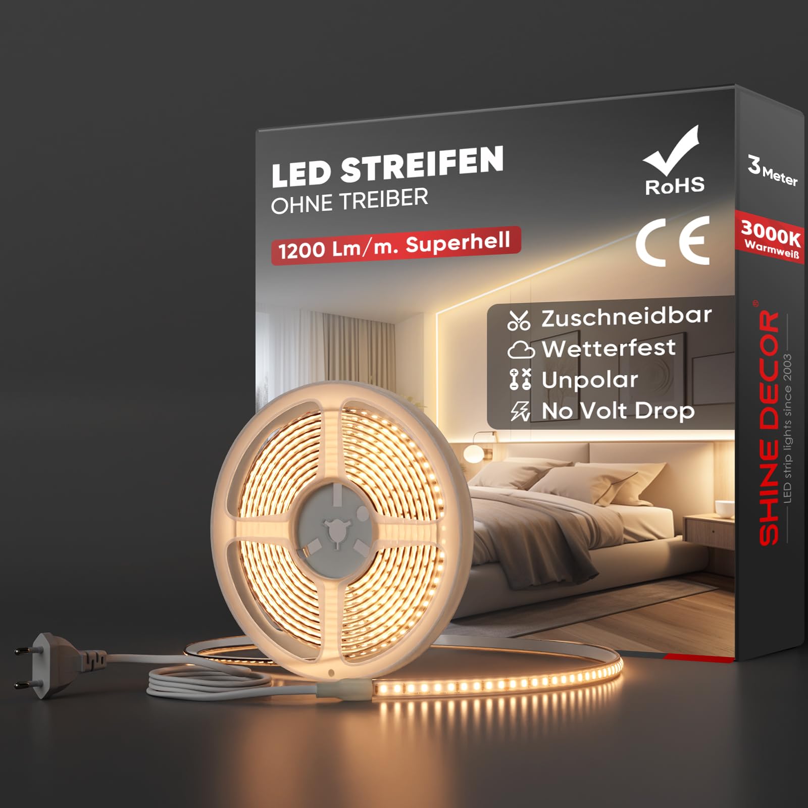 Shine Decor LED Streifen, AC 220V 230V IP65 Wasserdicht LED Band, SMD 2835 120 leds/m Ultrahohe Helligkeit Lichtleiste für Home Decoration Küche Garten LED Beleuchtung