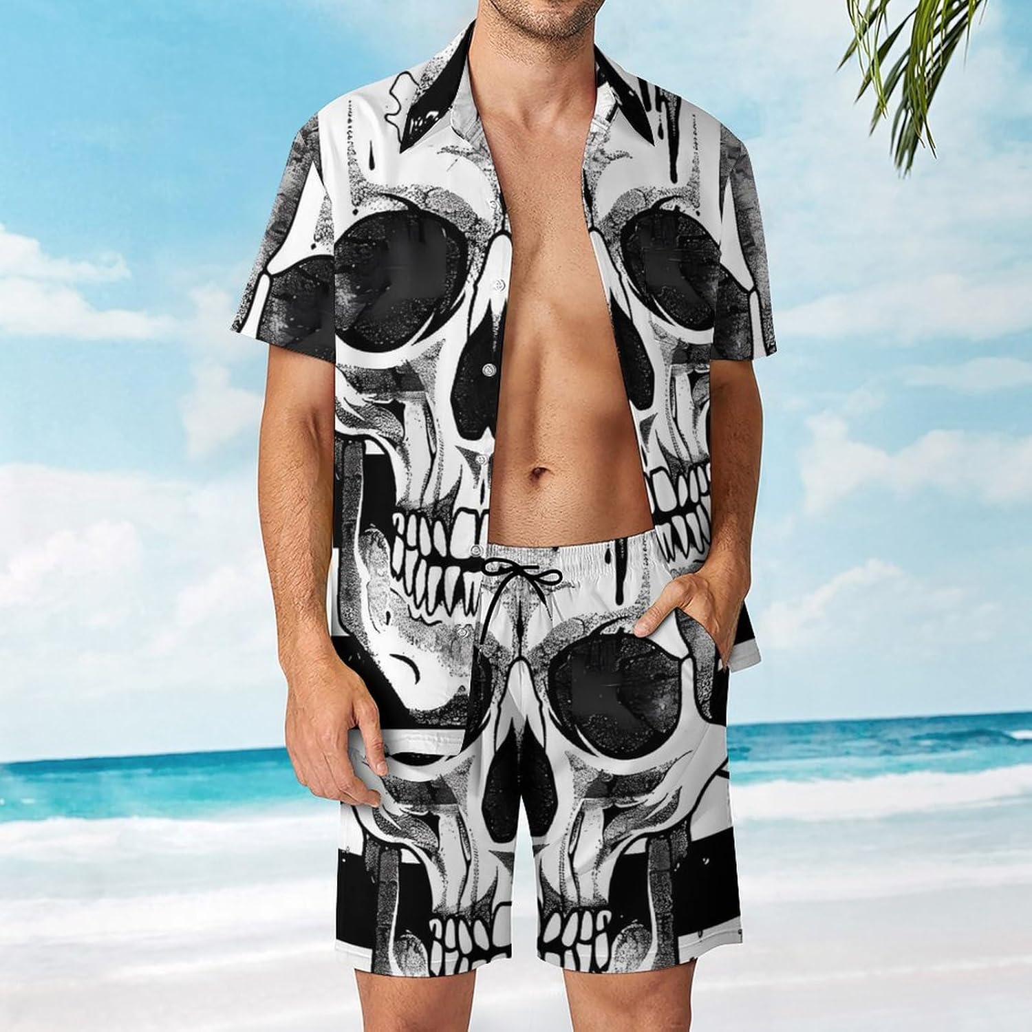 Black White US Flag with Skull Men's Summer Beach Outfits Shirt And Shorts Set 2 Piece Vacation Swimwear