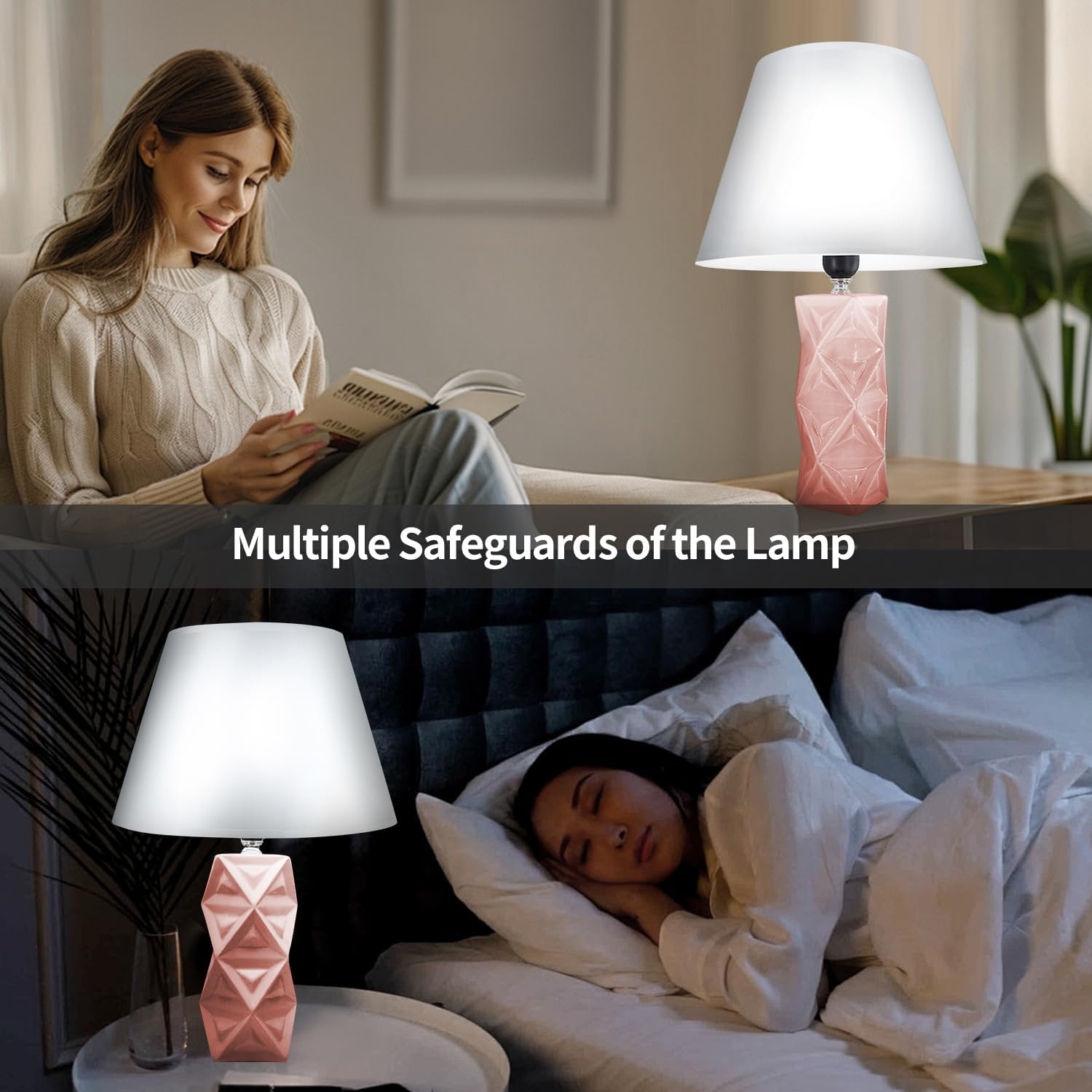 Levigo Ceramic Table Lamps Set of 2, 11" Bedside Lamps Modern Nightstand Lamp Desk Reading Lamp for Bedroom, Living Room, Office, 2 Bulbs Included (Pink)