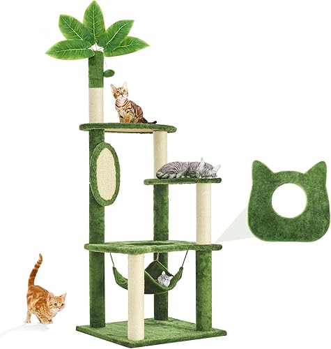 Árbol para gatos de 61 pulgadas con hojas verdes, torre grande de varios niveles con hamaca, casa de felpa para gatos con juguete de bola colgante y