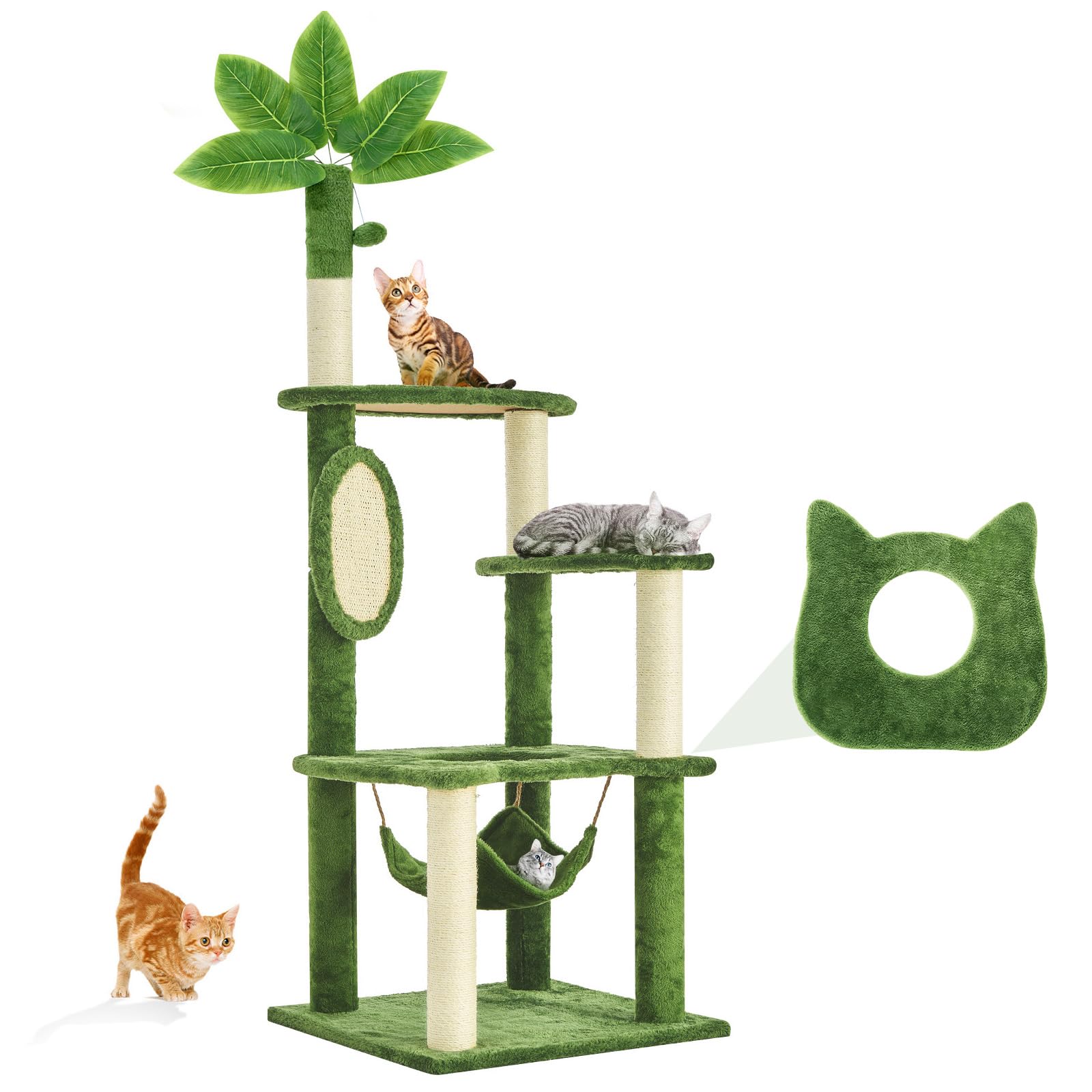 61" Large Cat Tree Tower for Indoor Cats with DIY Green Leaves Scratching Post Multi Soft Hang Ball Plush Cat House Furniture 360° Rotating Cat Scratch Board with Hammock, Light Green
