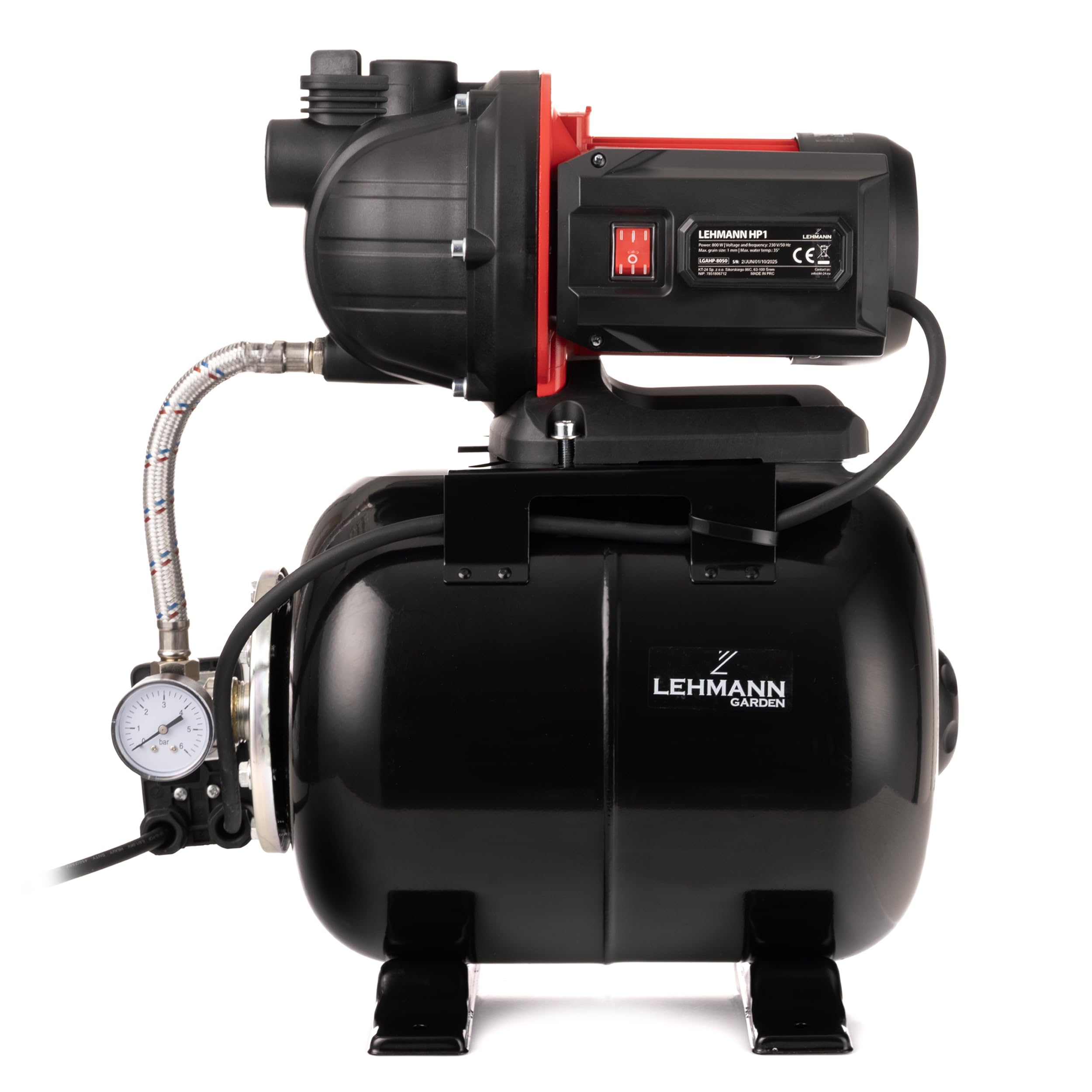 LEHMANN Groupe de Surpression HP1, 800 W, 5200 l/h, Réservoir en Acier Inoxydable 19 L, Hauteur de Refoulement 43 m, Profondeur d’aspiration 8 m, Auto-amorçante, Filtre & Manomètre, Noir