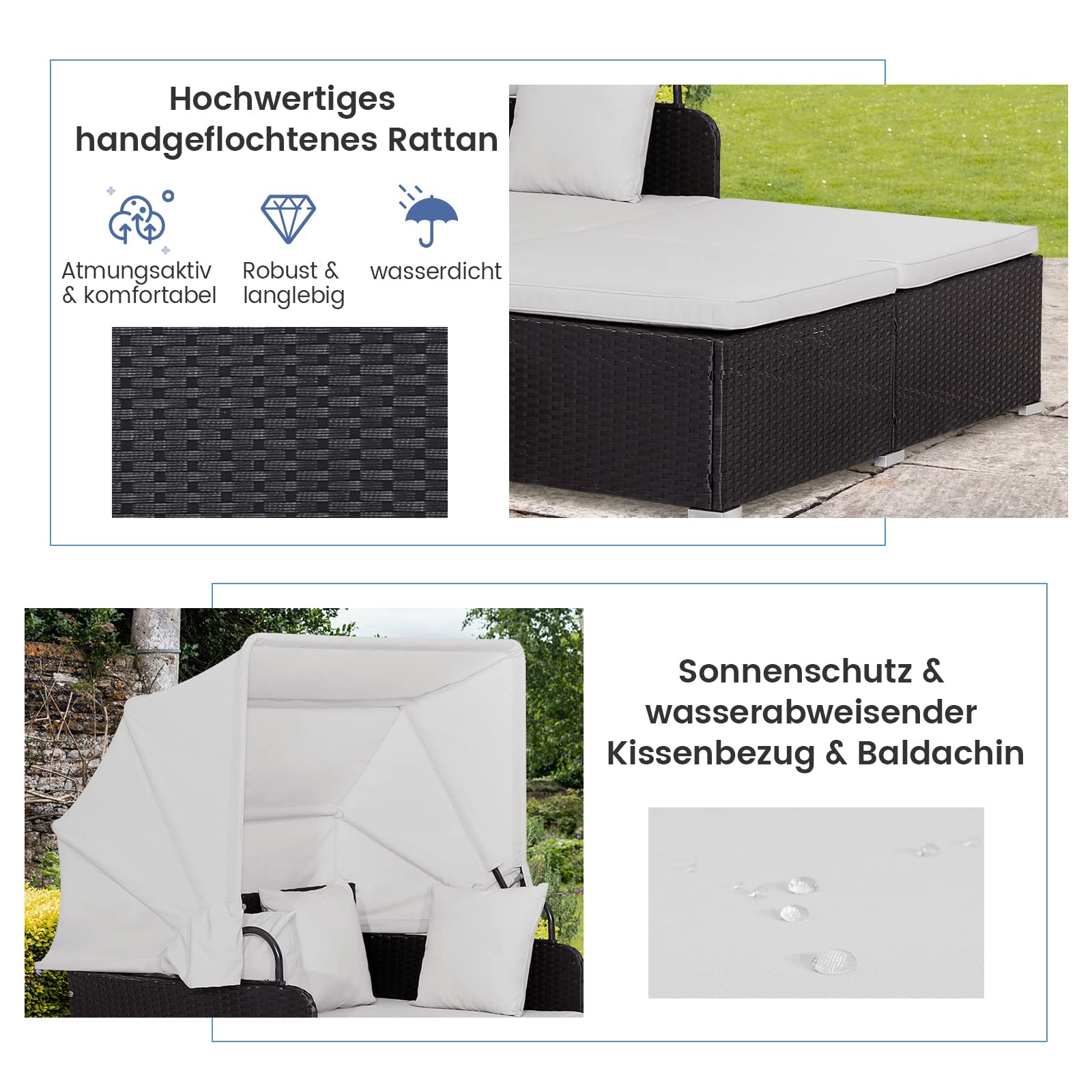 GOPLUS Rattan Lounge ze składanym dachem przeciwsłonecznym, leżak ogrodowy z poduszką do siedzenia i oparcia, podwójna sofa ogrodowa do ogrodu i na taras