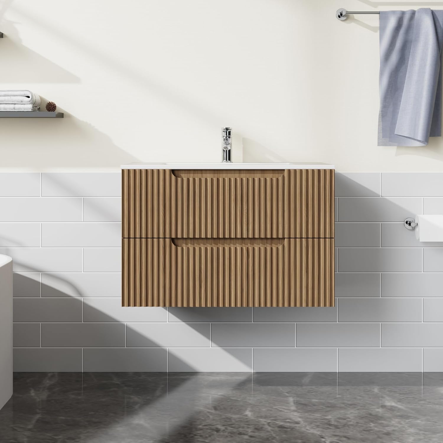 30” Wall-Mount Bathroom Vanity Floating Bathroom Cabinet in Walnut, Sink Basin Not Included