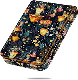 Business Card Holder, PU Leather Printing Business Card Case Pocket with Magnetic Shut, Portable Business Card Carrier Holder for Women or Men (Mushroom)