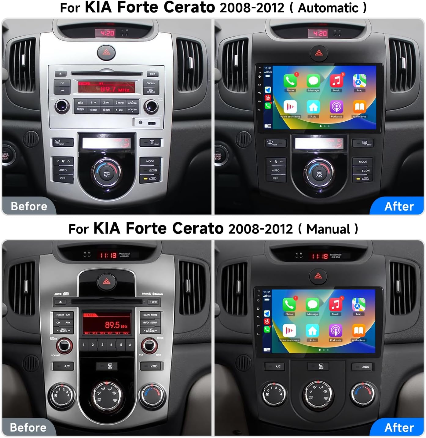 Android Car Radio Player GPS Navigation Wireless CarPlay Bluetooth Head Unit Supports Full RCA Backup Camera WiFi for KIA Forte Cerato from 2008 to 2014