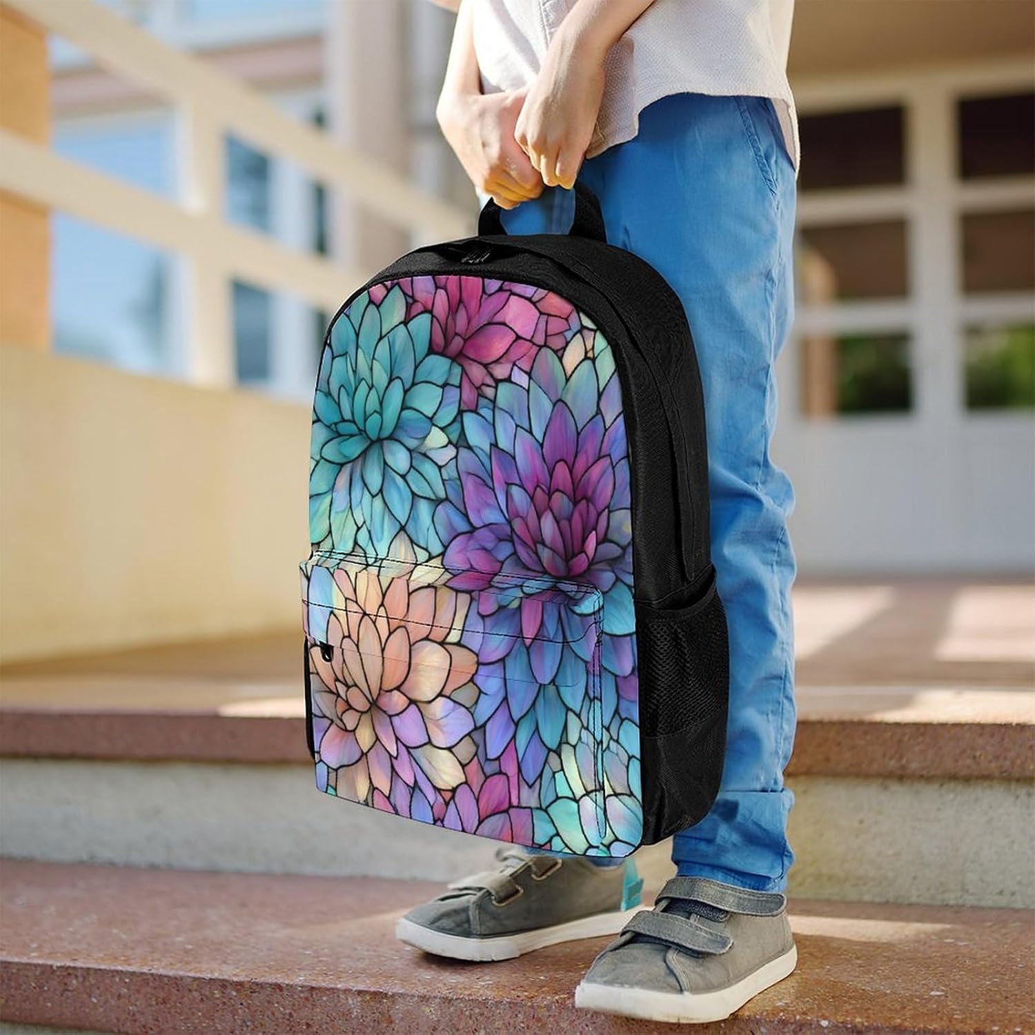 Stained Glass Dahlia Floral Backpack Lightweight Backpacks Work Bag