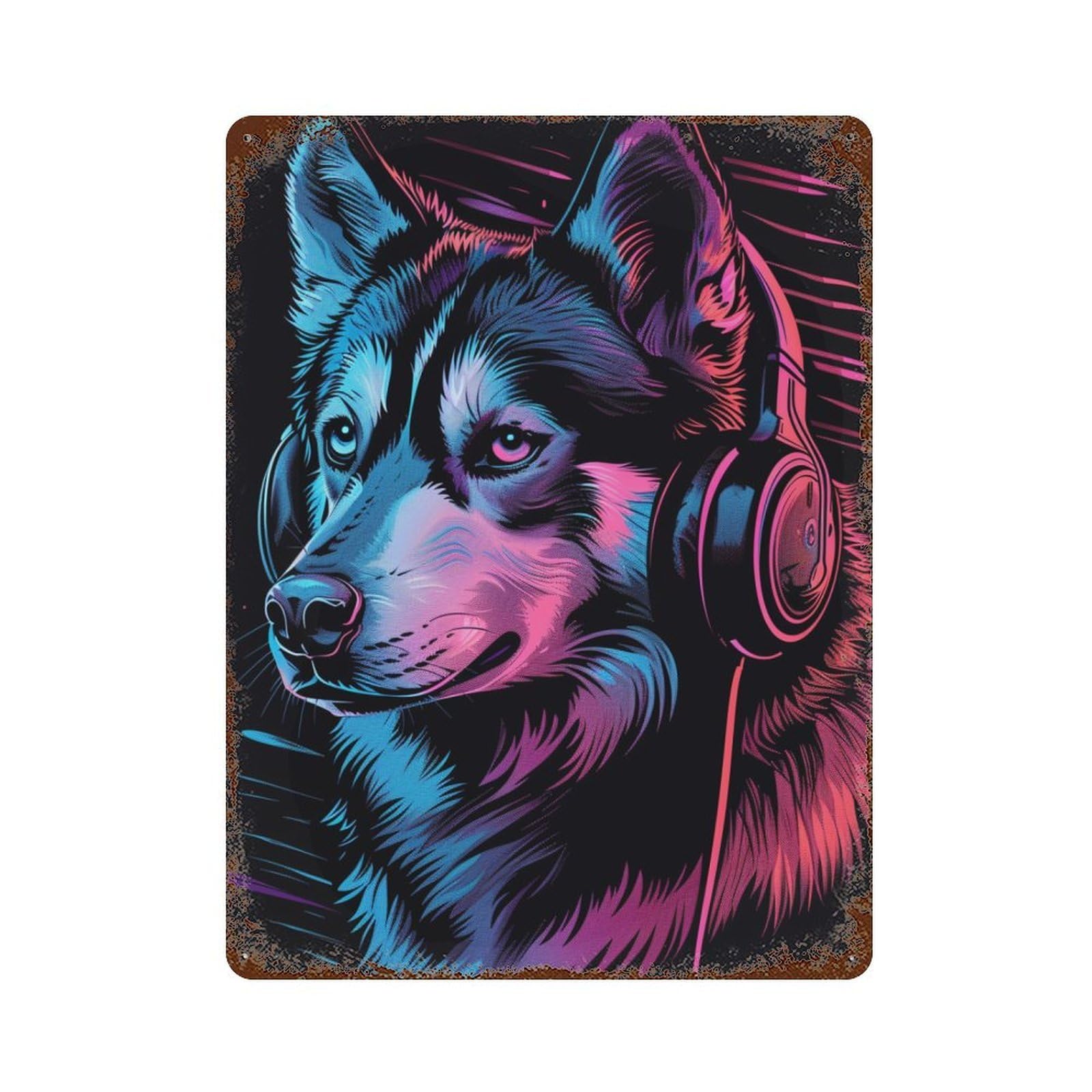Neon Wolf Headphones Art Print Rusty Metal Tin Sign 15.7"x11.8", Vintage Wall Decor for Garage, Pub Or Kitchen