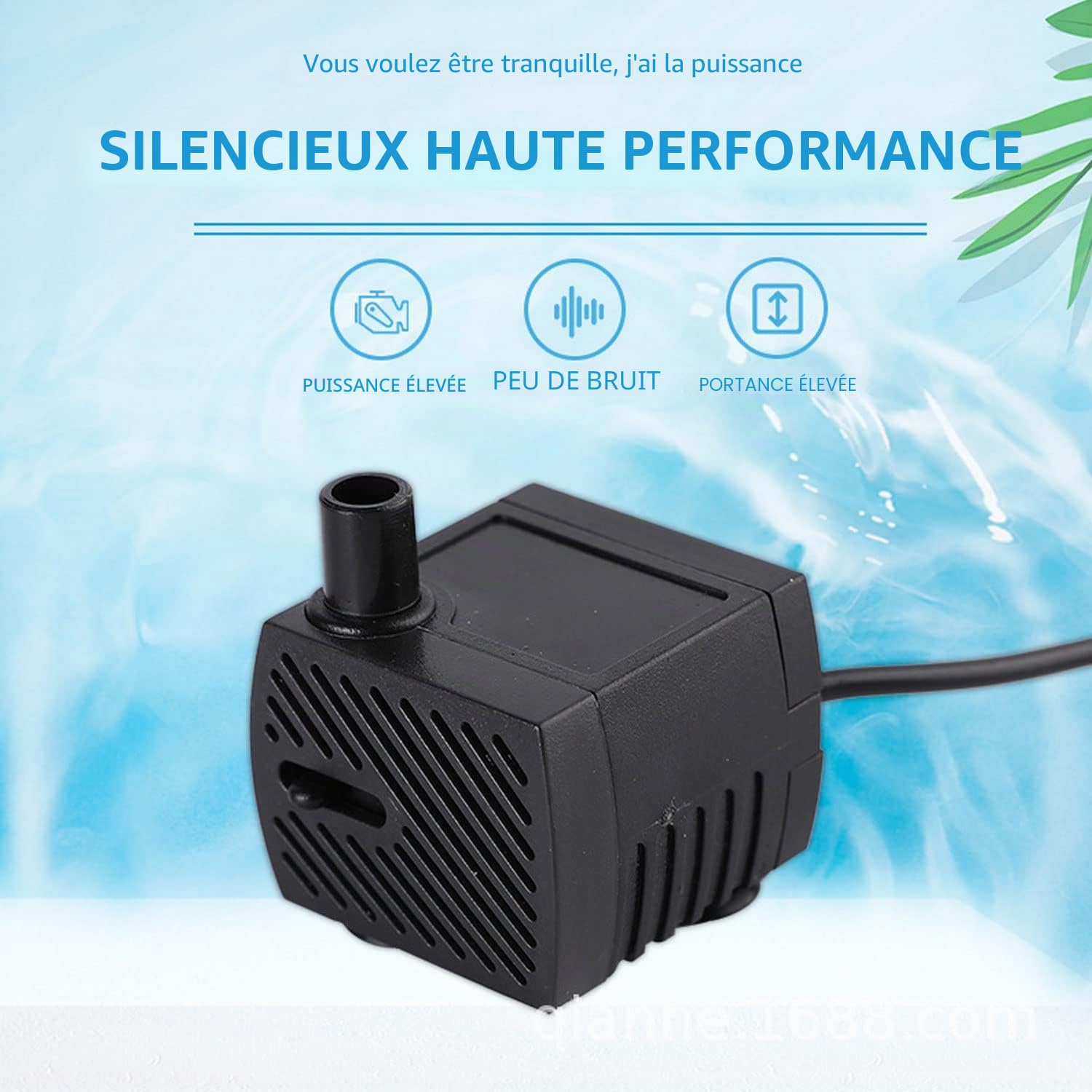 CAM2 Mini pompe à eau, ultra silencieuse pour aquarium avec câble d'alimentation de 1,5 m, 350 L/H, 5 W, petite pompe submersible, pompe à fontaine, 2 buses pour aquarium, étang, jardin, fontaine