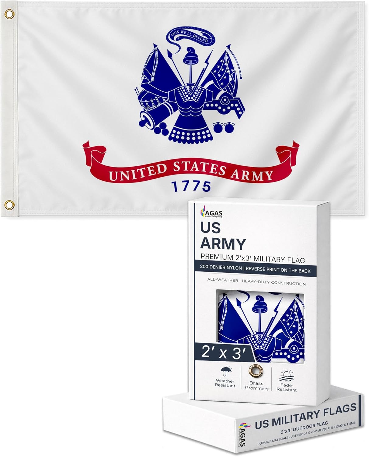 AGAS US Army Flag 2x3 Ft - Printed 200D Nylon Canvas Header Two Brass Grommets United States Army Flags
