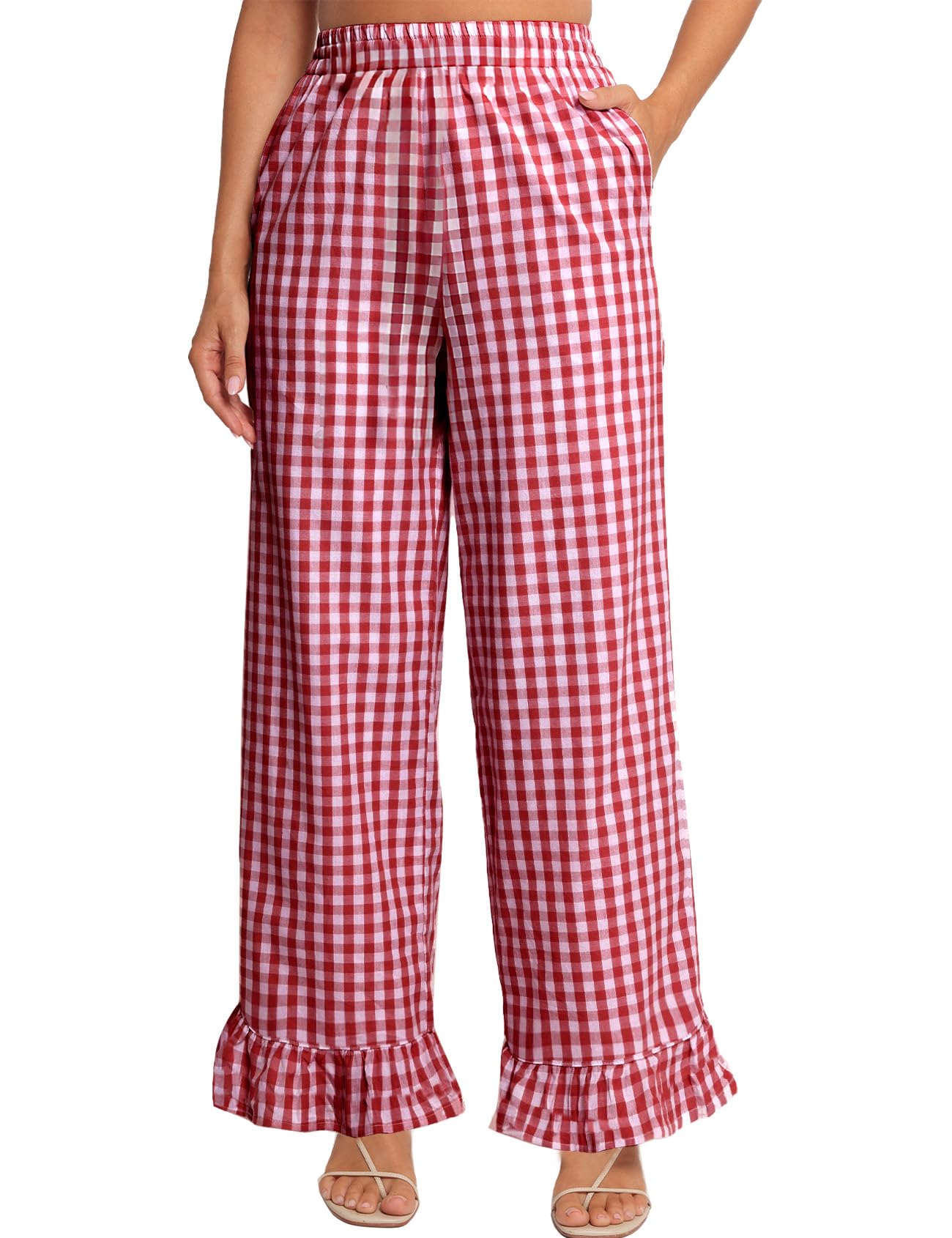COZYPOIN Womens Gingham Pants Cotton Plaid Ruffle Hem Lounge Boxer Pant Y2K Pj Bottoms Casual Wide Leg Trousers