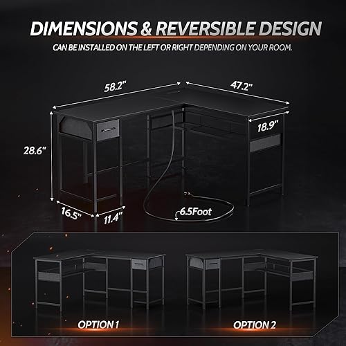 Miniatura 3 de BANTI Escritorio en forma de L con tomas de corriente, escritorio de computadora con cajón, escritorio de esquina reversible con estantería de