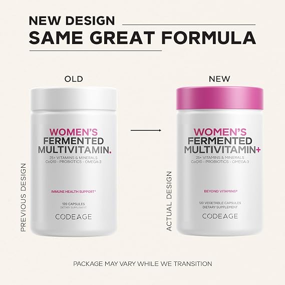 Codeage Womens Daily Multivitamin, 25+ Vitamins & Minerals, Fermented, Organic Whole Foods, Probiotics Supplement - Vitamin A, B, C, D, E & K, Omega 3, Zinc Vegan - 120 Capsules
