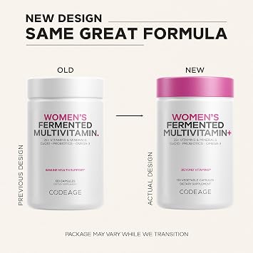 Codeage Womens Daily Multivitamin, 25+ Vitamins & Minerals, Fermented, Organic Whole Foods, Probiotics Supplement - Vitamin A, B, C, D, E & K, Omega 3, Zinc Vegan - 120 Capsules