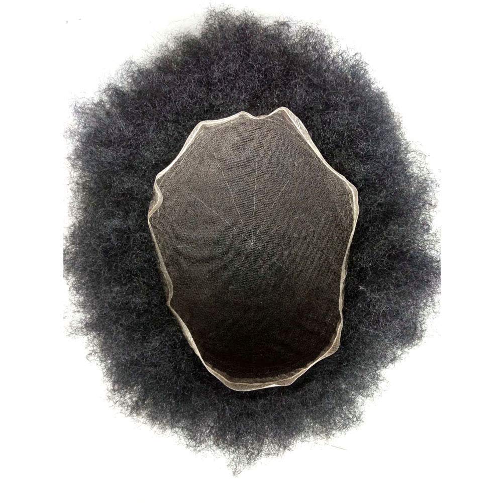 Afro Curly Mens Toupee Full Swiss Lace African American Wigs All Transparent Lace Hairpiece Replacement Kinky Curly Human Hair System for Black Men 8 "x 10" (4mm Afro Wavy, 1# Jet Black)