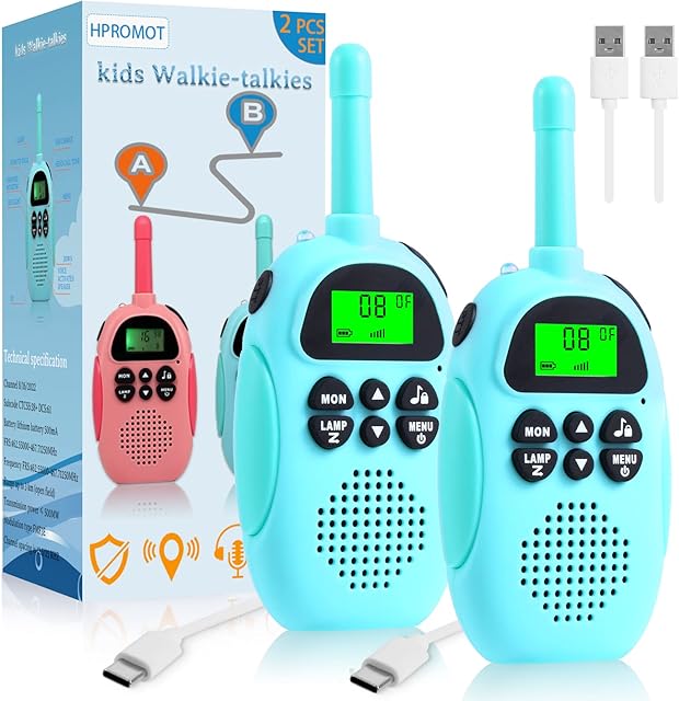 HPROMOT Walkie Talkie for Kids, 2 Pack Rechargeable Kids Walkie Talkie with Flashlight, Radio Toys Gifts for 3-12 Boy Girls Indoor Outdoor Adventures Camping Hiking