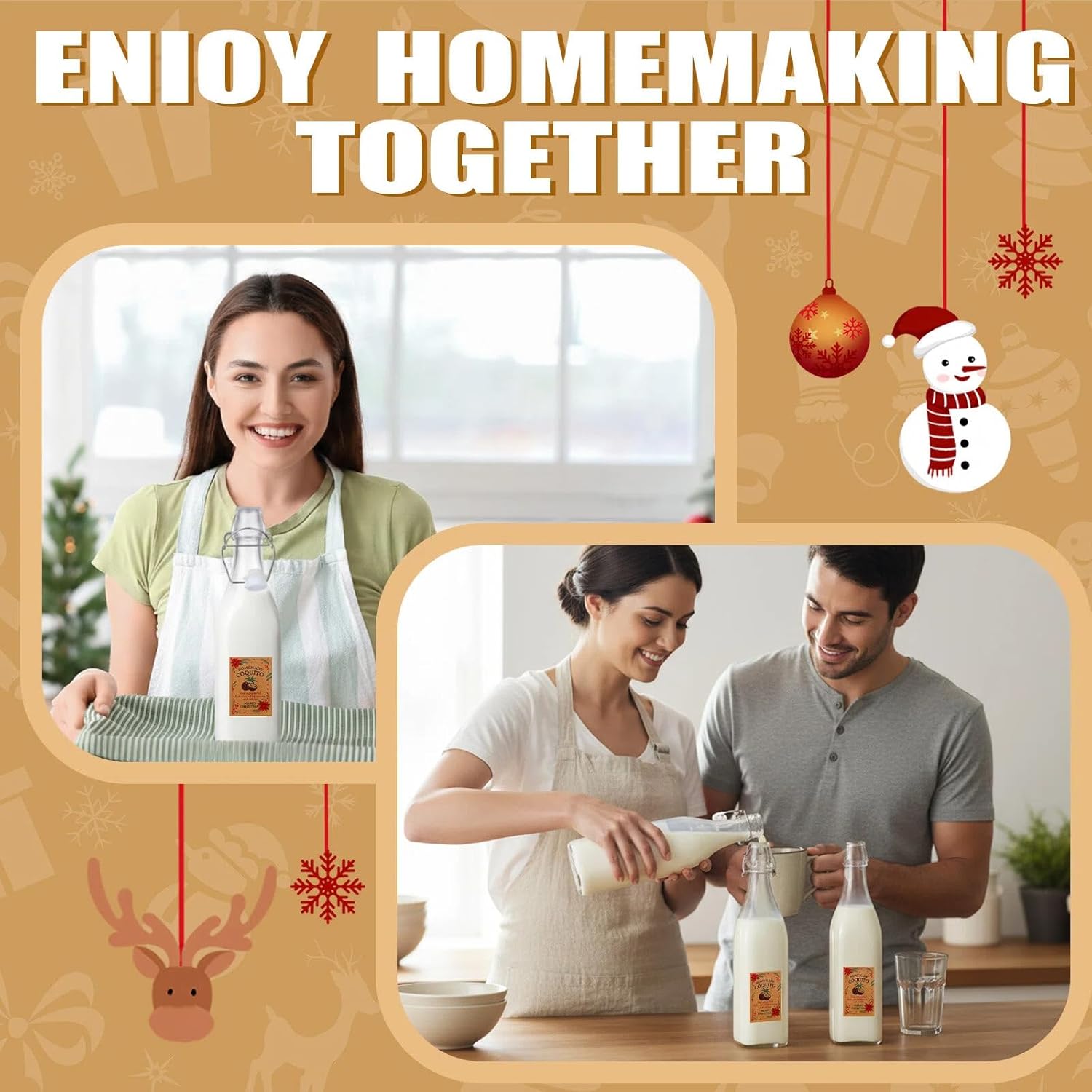 6 Sets Christmas Coquito Swing Top Glass Bottles 34 oz Square Flip Top Brewing Bottles with Pine Needle Stickers for Home Brewing Liqueur DIY Gifts Wedding Christmas Party Favors