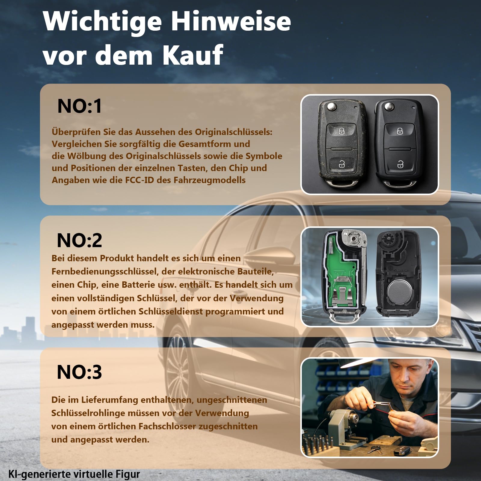 Funkschlüssel kompatibel mit VW Transporter Amarok Polo Golf, 433 MHz, 2 Tasten, 5K0837202AD, mit Batterie und Werkzeug