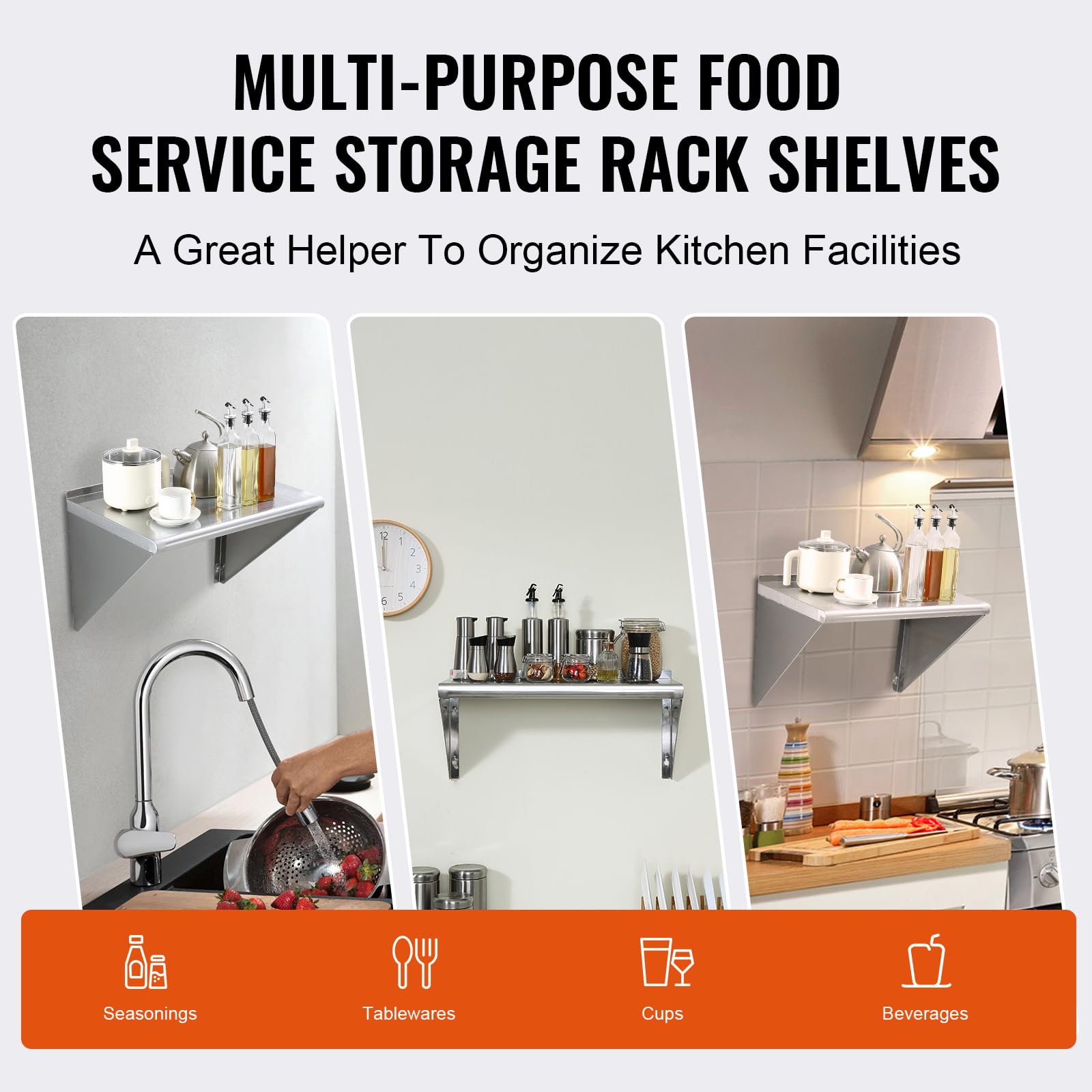 VEVOR Mensola da Parete in Acciaio Inox 610 x 305 x 63 mm Scaffale Murale per Cucina Bagno Soggiorno Capacità Carico Max. 136kg, Mensola da Parete Portaoggetti Portaspezie in Acciaio Inox per Cucina