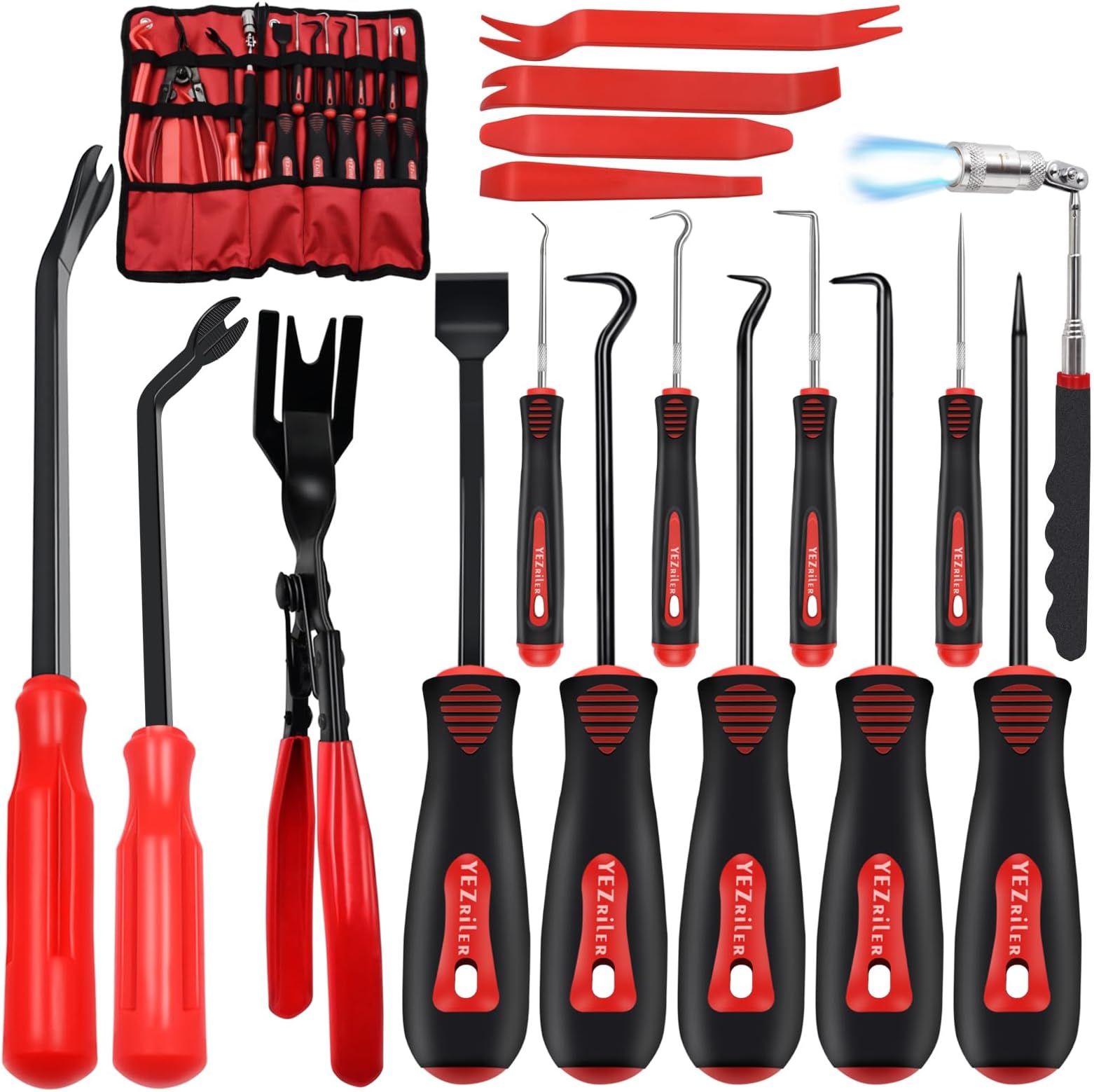 17 Pcs Mechanic Hook Pick Tool Set and Auto Trim Removal Tool Kit with Auto Clip Plier Rivets Puller Telescoping Magnetic Pickup Gasket Scraper for Remove Automotive Hand Pick Up Tools