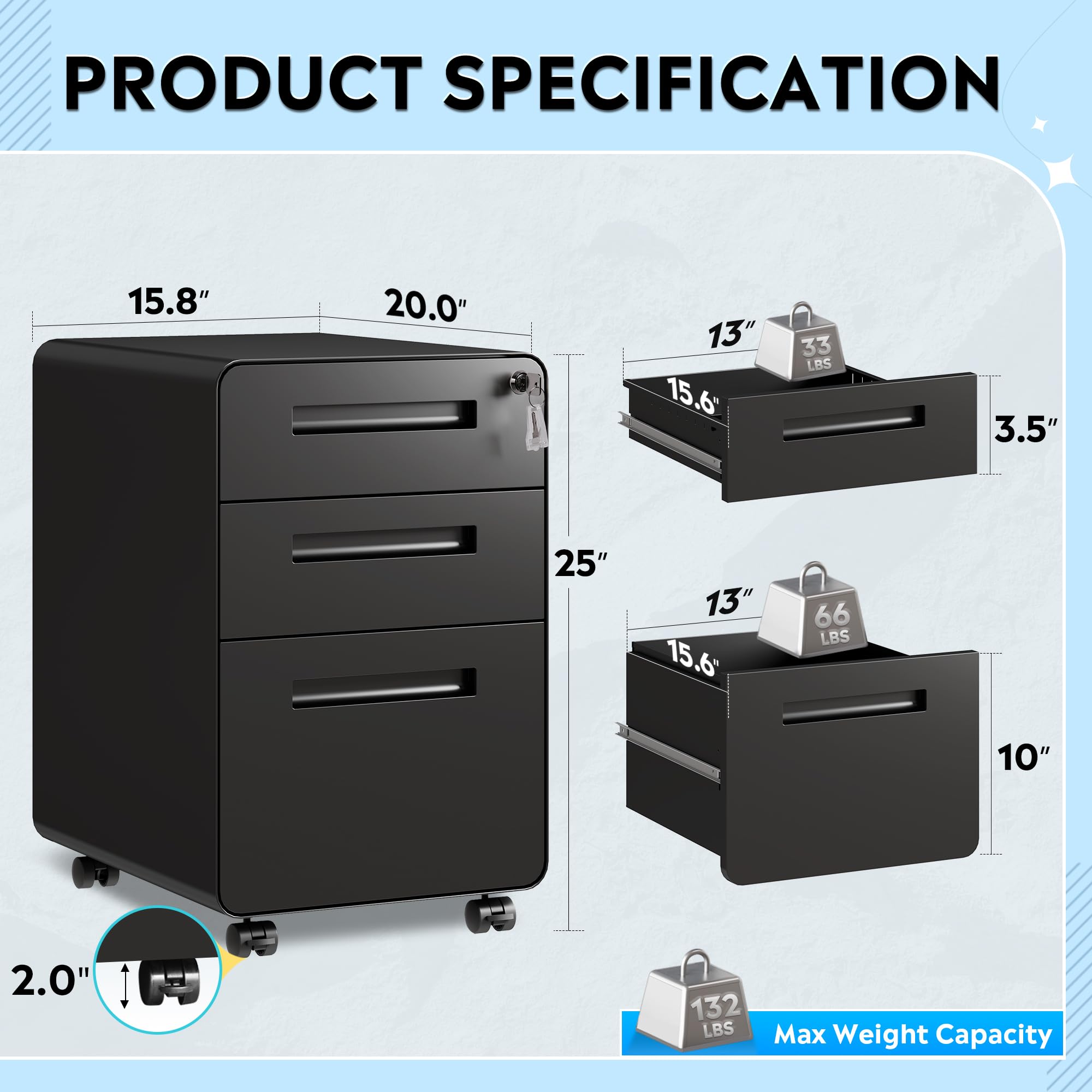 DEVAISE 3-Drawer File Cabinet, Thickened Metal Mobile Filing Cabinet with Lock, Under Desk Cabinet for Home Office, fits A4/Letter/Legal Size, Fully Assembled, 20" D x 15.8" W x 25" H, Black