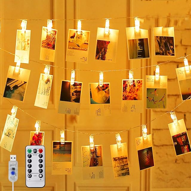 Hezbjiti 60 LED Photo Clip String Lights, 8M Photo Peg Fairy Lights with 60 Clips 8 Modes Remote & Timer, USB Plug in Hanging Photo Lights for Bedroom Home Party Wedding Birthday Christmas Decorations