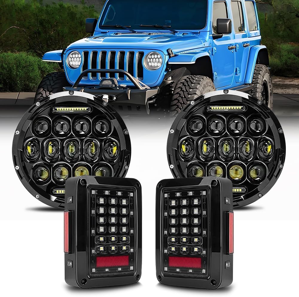 Jeep wrangler headlights (Black), 2000% Brightness for Jeep Wrangler JK/TJ/LJ 1997-2020+ Jeep JK Tail Lights (Smoke) for Jeep Wrangler JK JKU 2007-2018, Plug & Play Upgrade Lighting Kit
