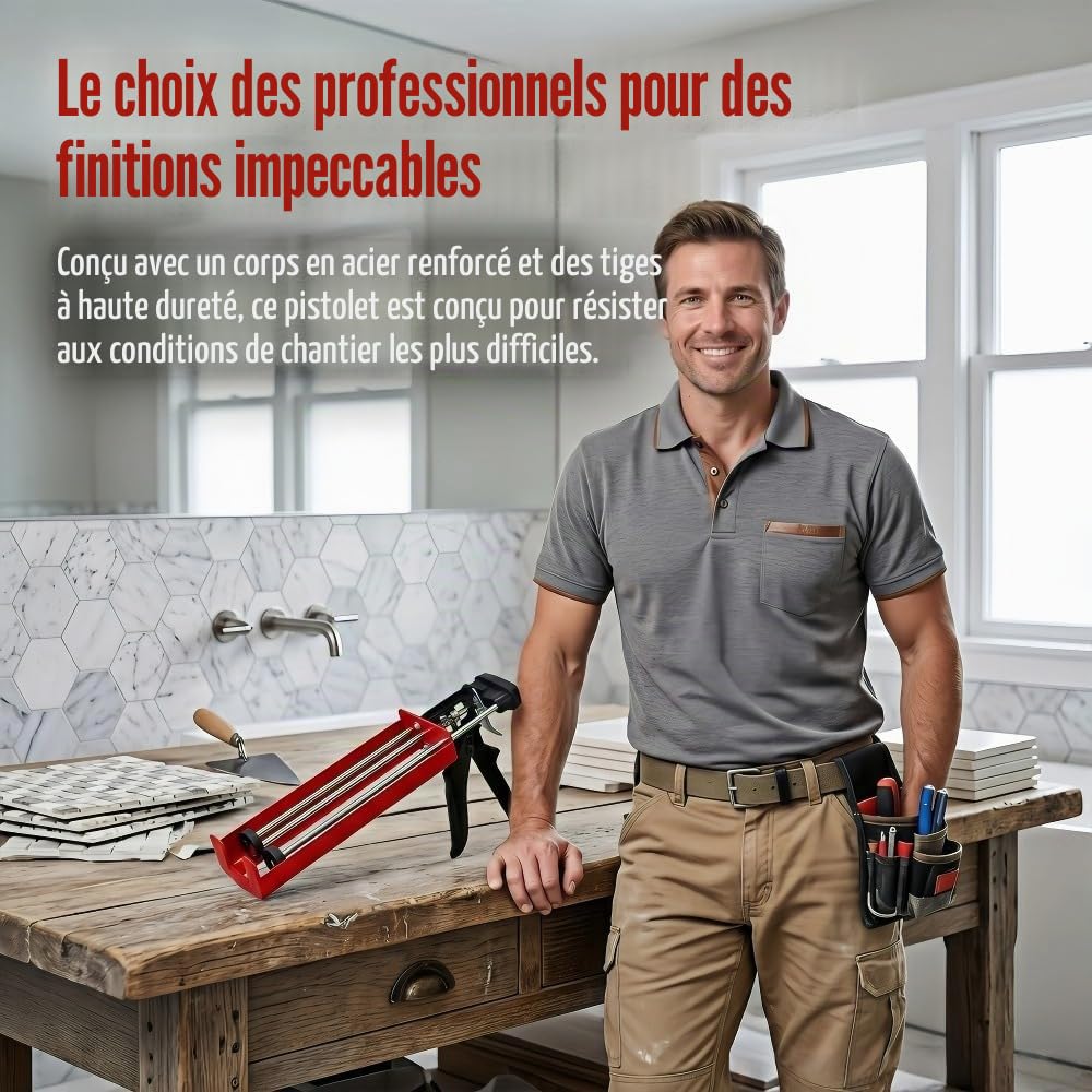 Pistolet à calfeutrer à double cartouche pour double composant (rapport de mélange 1:1) jusqu'à 450 ml Pistolet applicateur manuel pour adhésifs, mastics et époxy, rouge